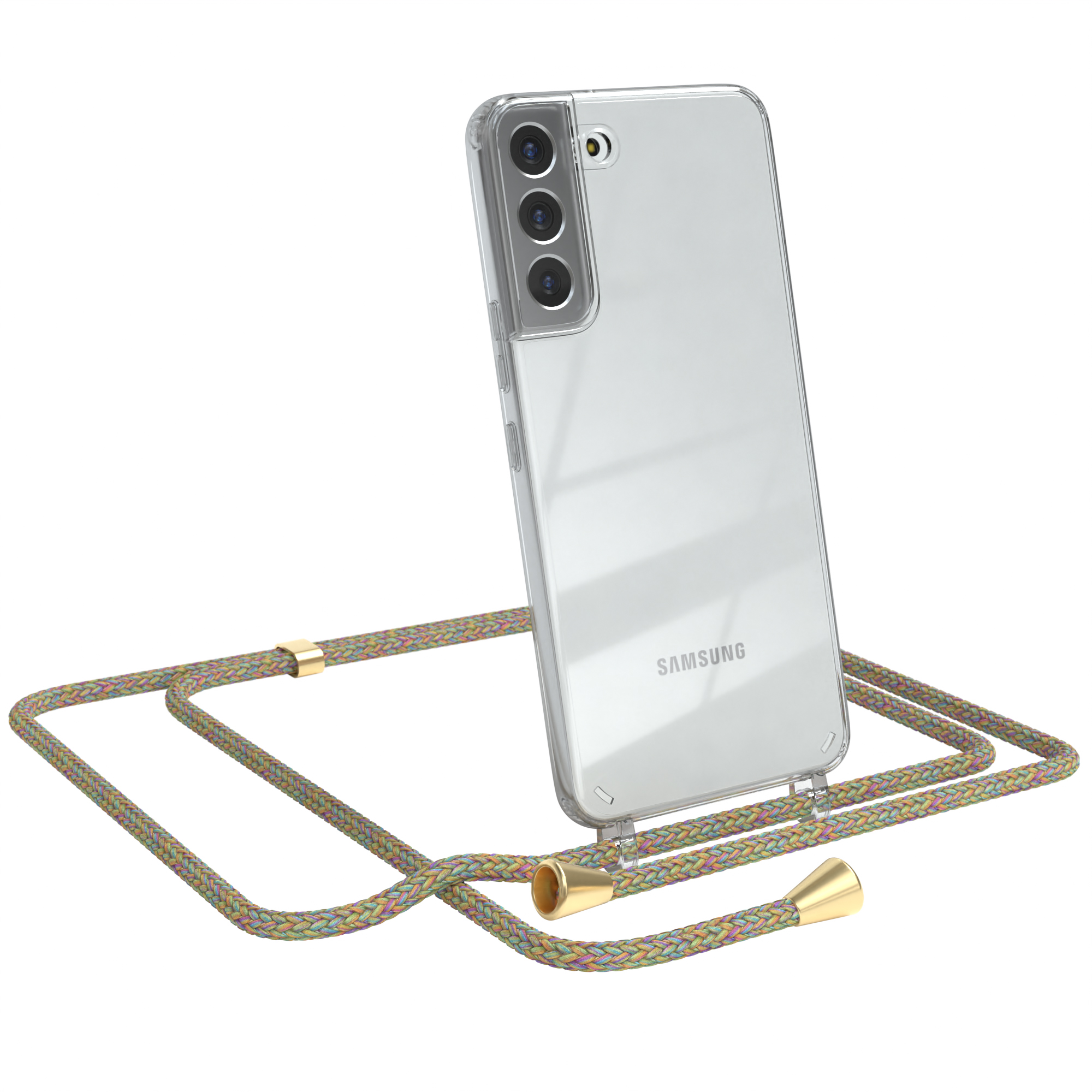 Telefon mit transparenter Hülle und buntem Riemen. SAMSUNG-Logo sichtbar.