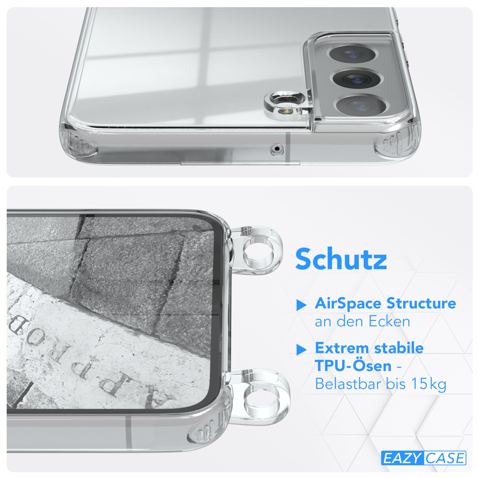 EAZY CASE Umhängetasche, Clear Schwarz mit Silber Plus / Cover Clips Galaxy Umhängeband, 5G, Samsung, S22 Camouflage