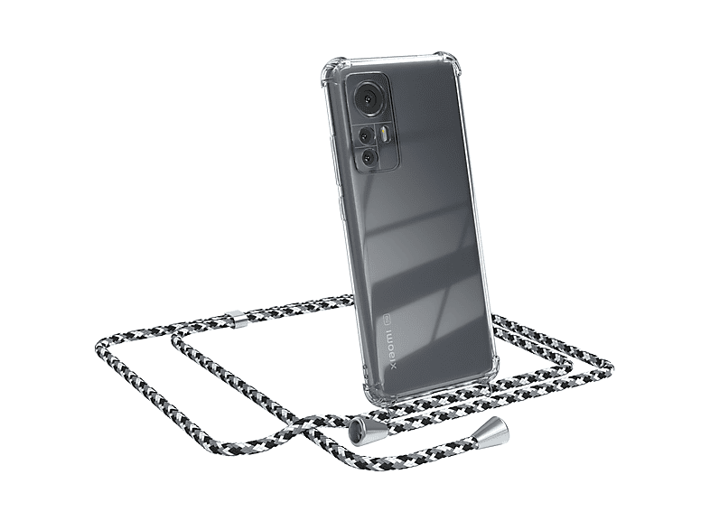 EAZY CASE Clear Cover mit Umhängeband, Umhängetasche, Xiaomi, 12 / 12X, Schwarz Camouflage / Clips Silber