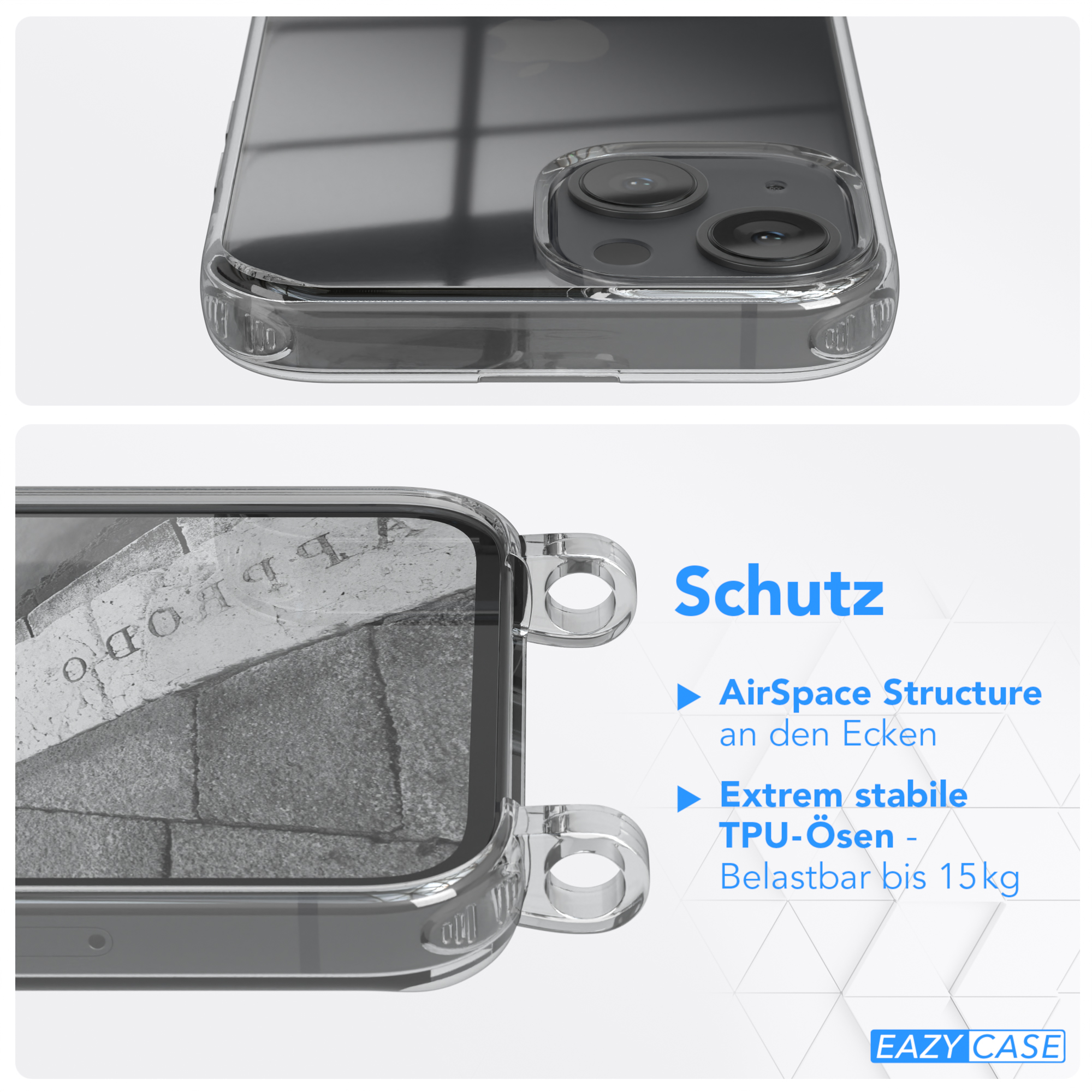 Nahaufnahme der Handyhülle mit Schutzfunktionen. Text: AirSpace Structure, stabile TPU-Ösen und Belastbarkeit bis 15 kg.