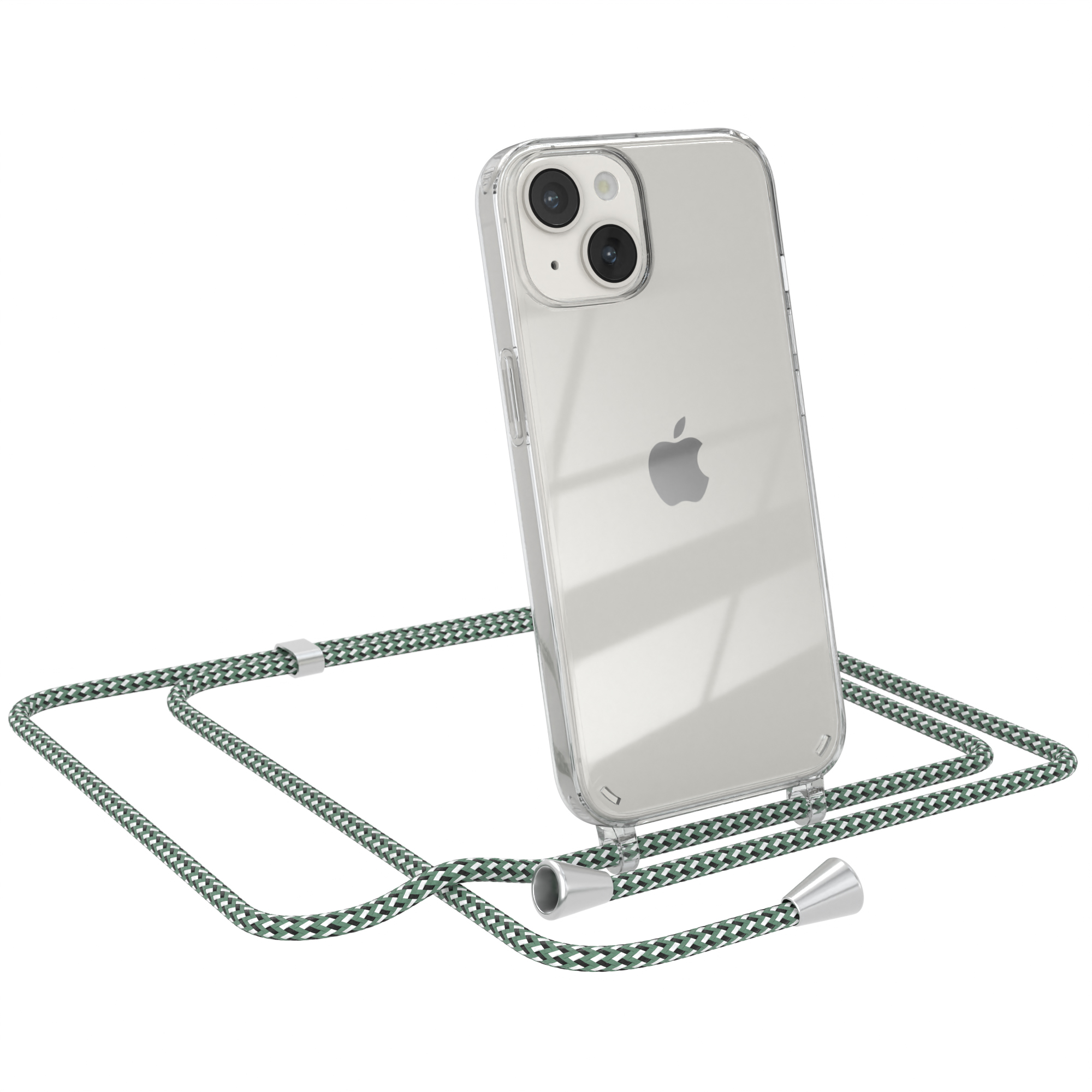Transparente Handyhülle mit grünem Lanyard. Das Telefon ist in der Hülle, mit einem Kameramodul.