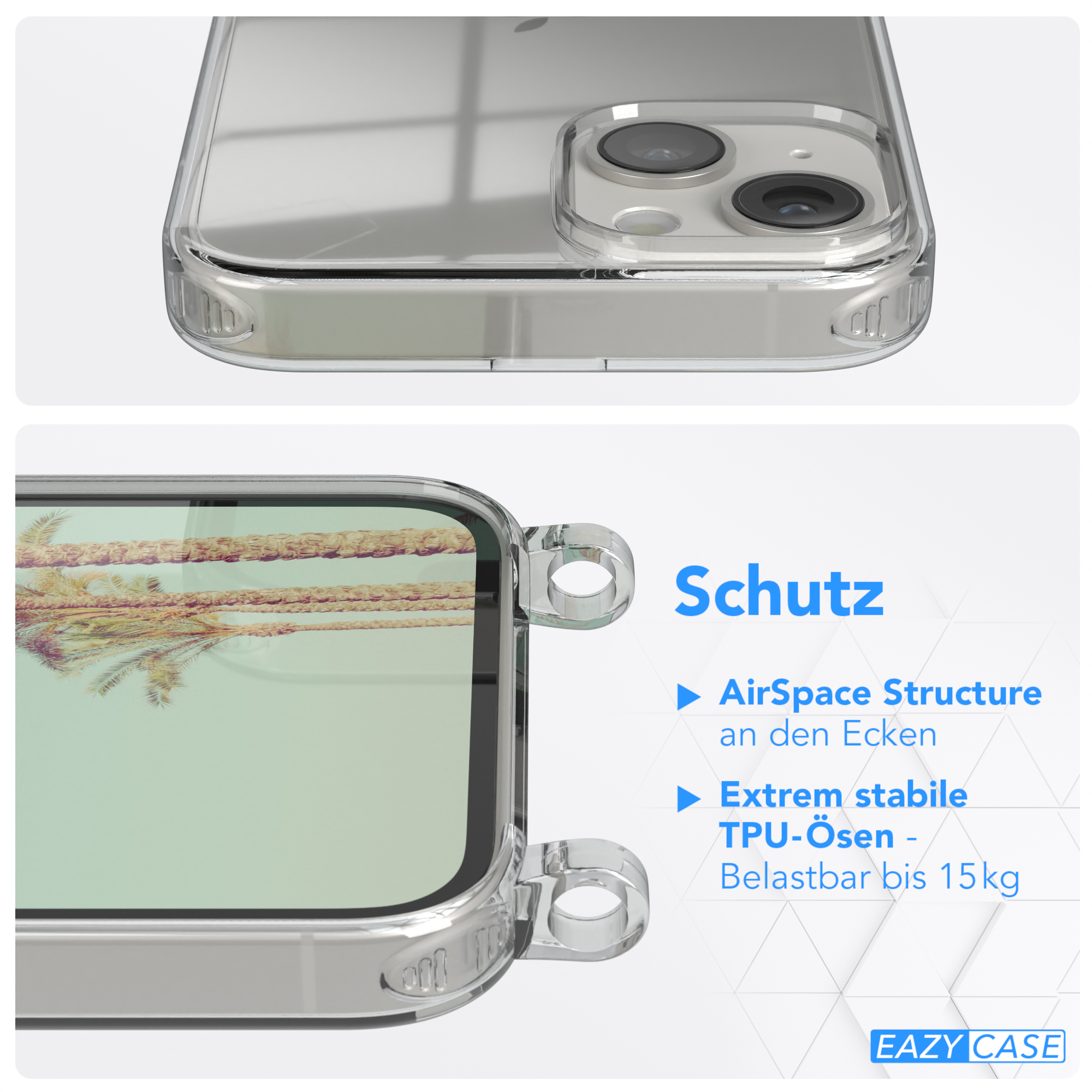 Nahaufnahme einer durchsichtigen Handyhülle. Text sagt 'AirSpace Structure' und 'Extrem stabile TPU-Ösen'. Hülle zeigt Strand.