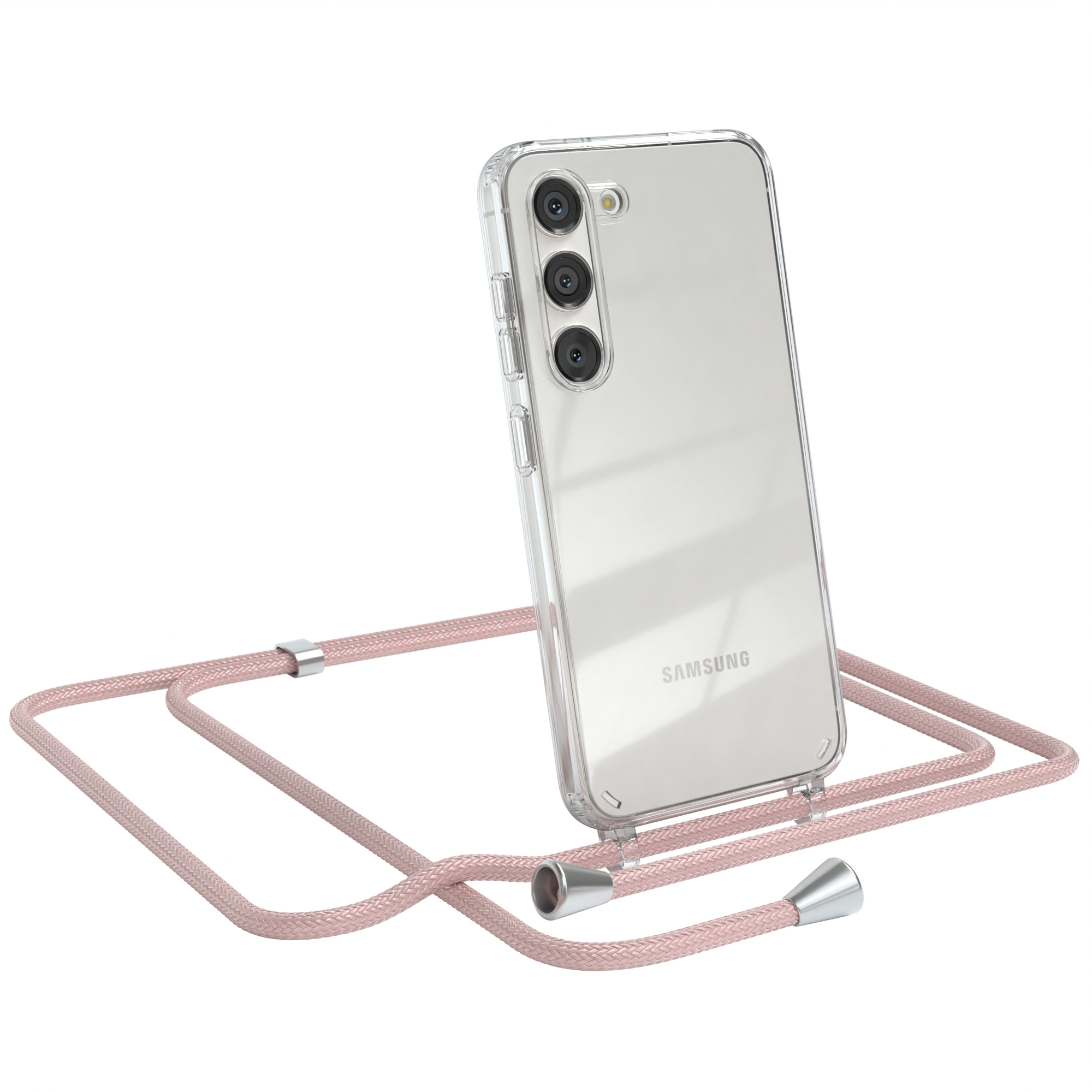 Transparente Handyhülle mit Samsung, rosa Schlüsselband. Weißer Hintergrund.