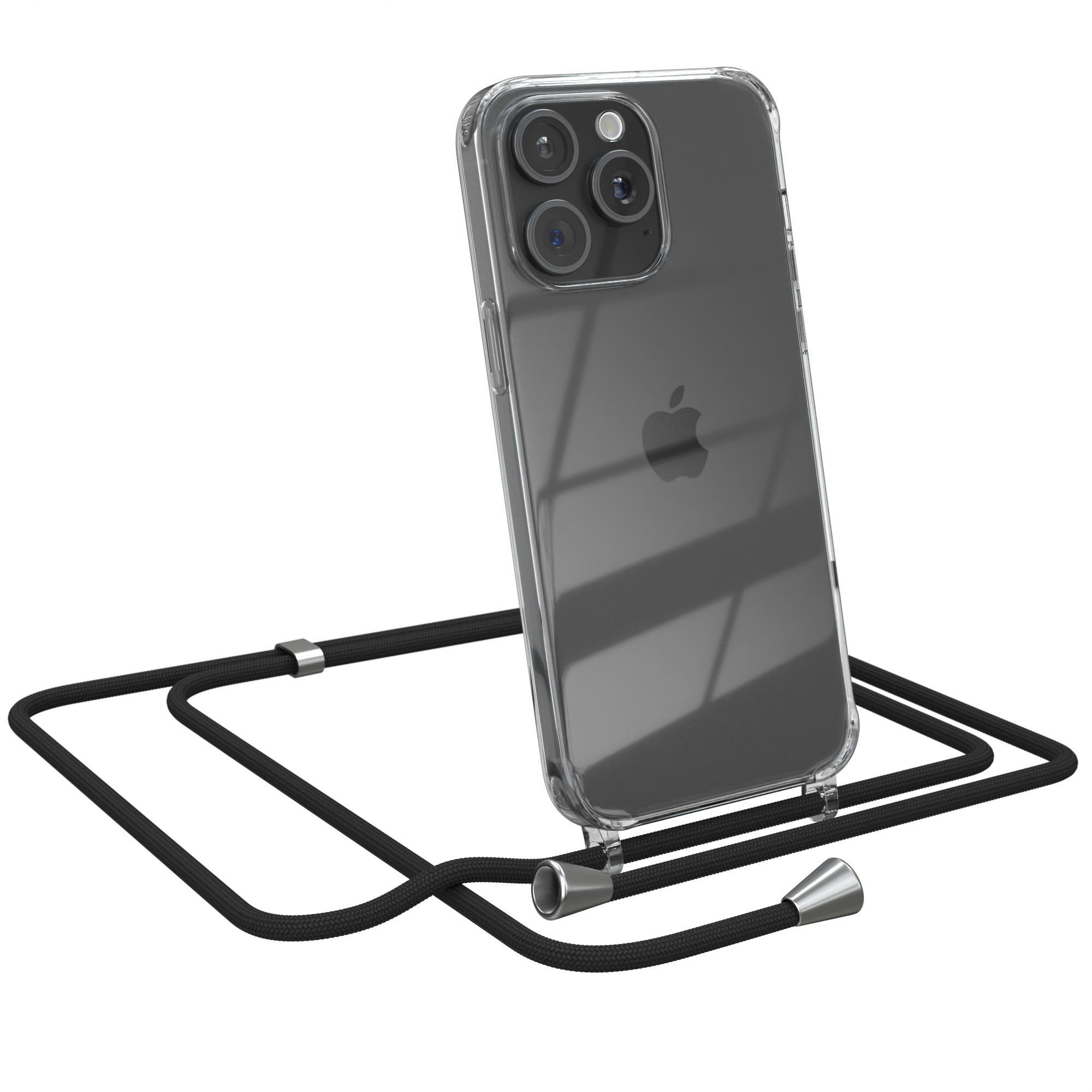 Transparente Handyhülle mit schwarzem Band. Apple-Logo sichtbar. Weißer Hintergrund. Telefon abgewinkelt.