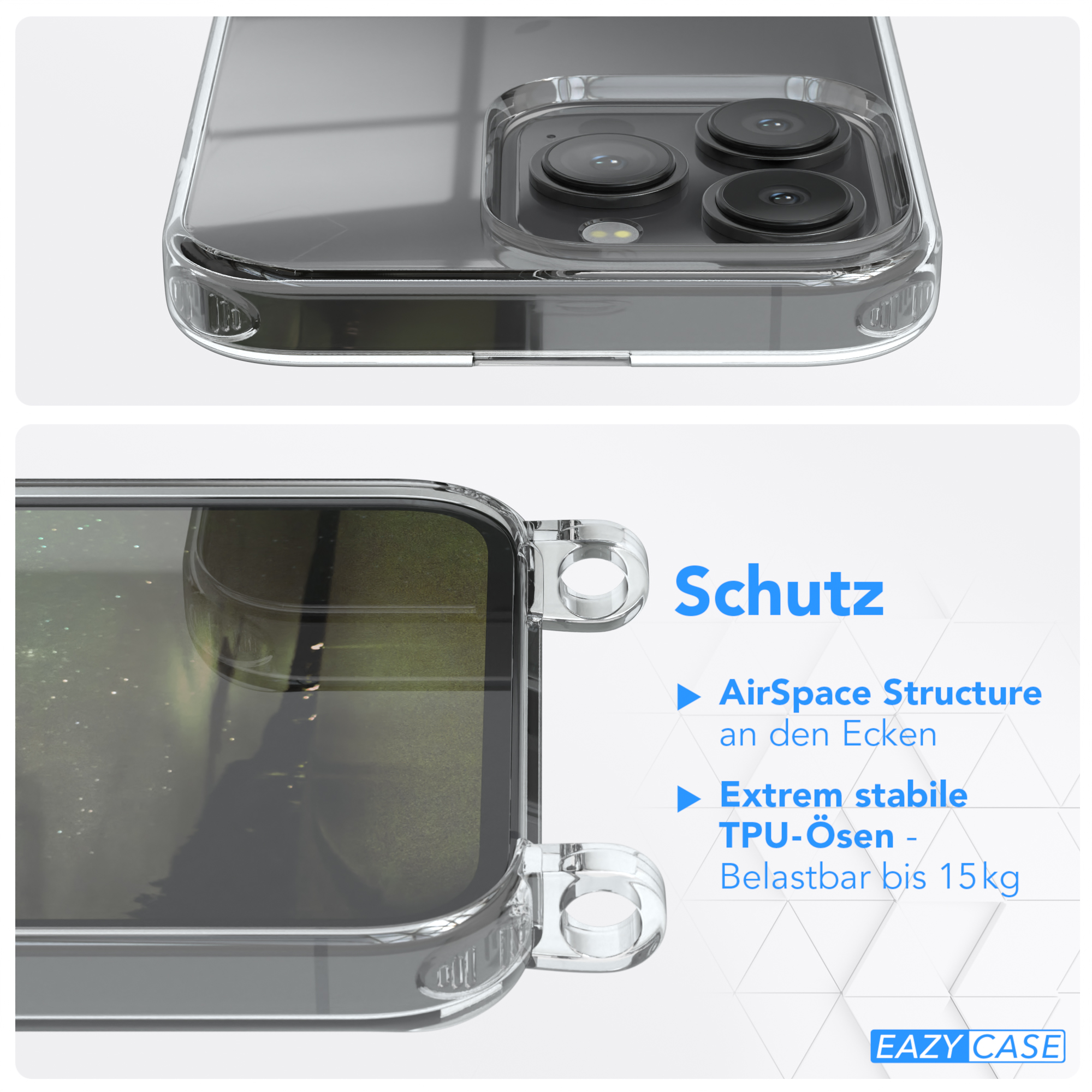 Transparente Handyhülle, Kameradetails und Text: AirSpace Structure, TPU-Ösen und EAZY CASE Logo.