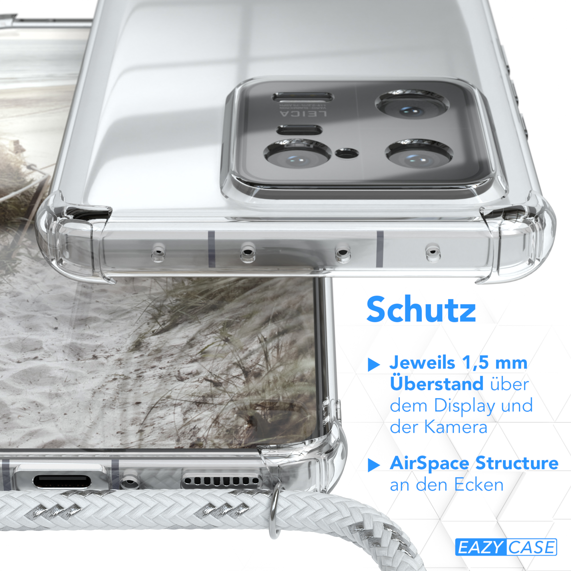 Nahaufnahme der Handyhülle. Text: Schutz. Merkmale: AirSpace, 1,5 mm über Display.