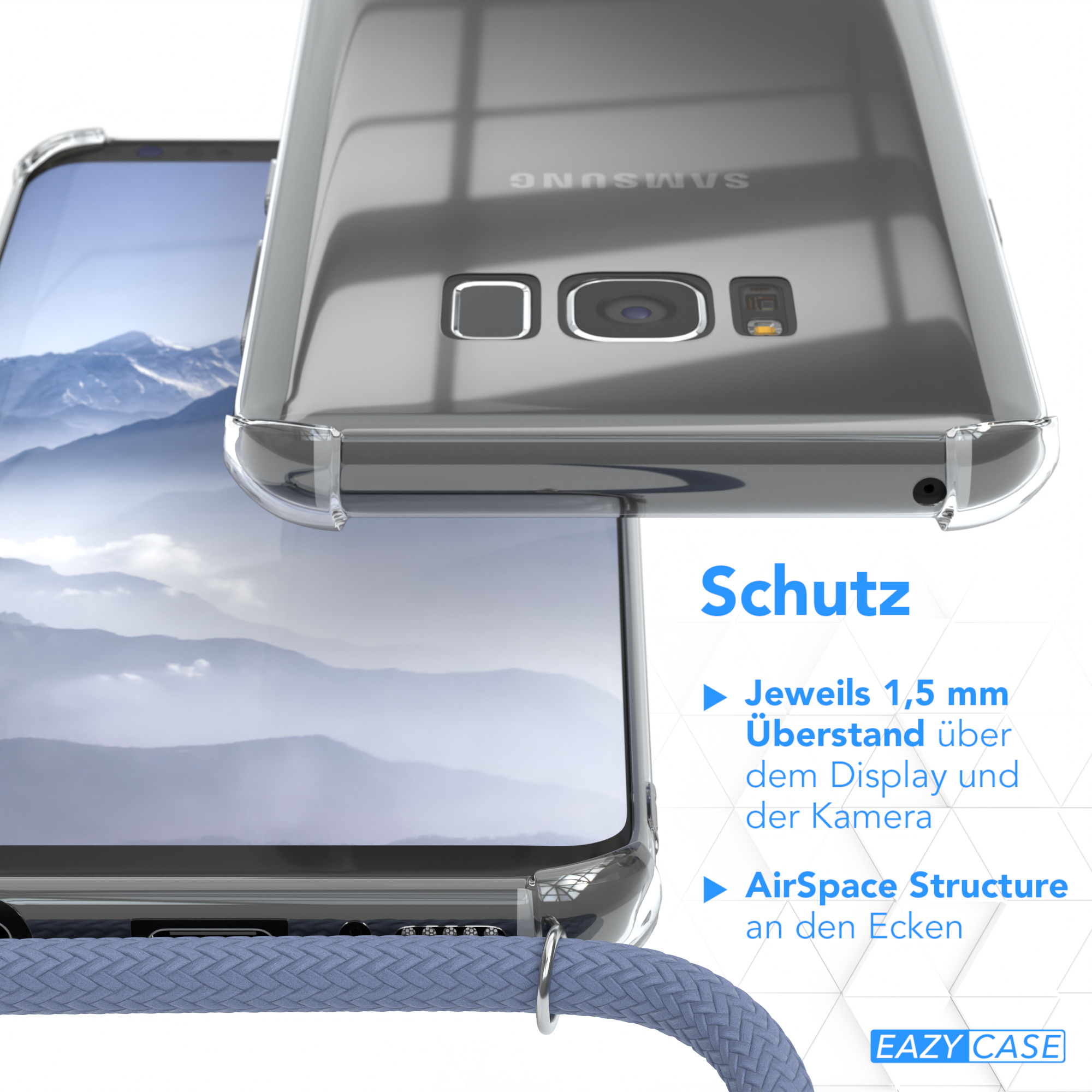 Eine Handyhülle mit klarer Rückseite und blauem Kordel. Das Telefon ist sichtbar.