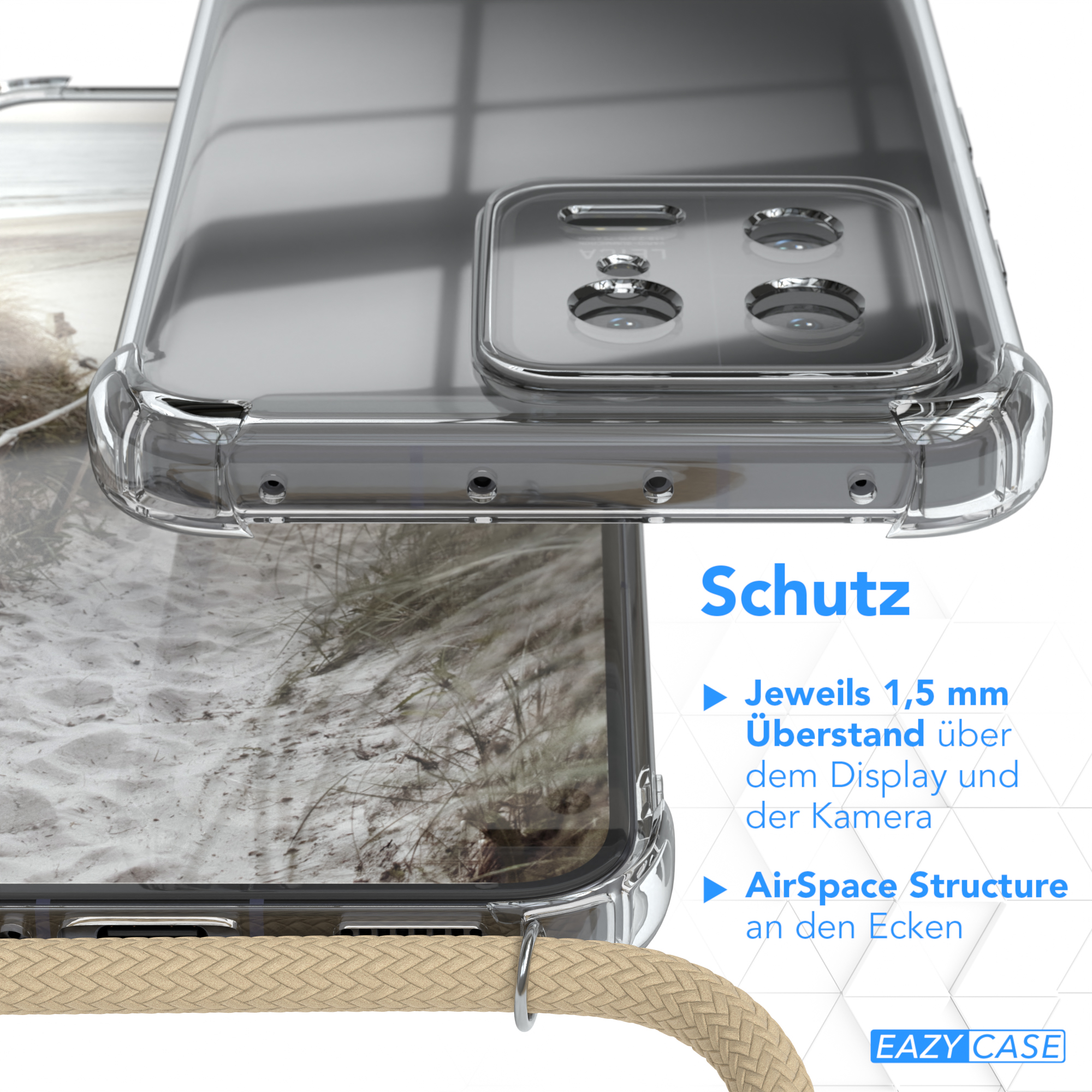 Klare Handyhülle über einem Sandstrandbild. Schützende Eigenschaften sind aufgelistet.