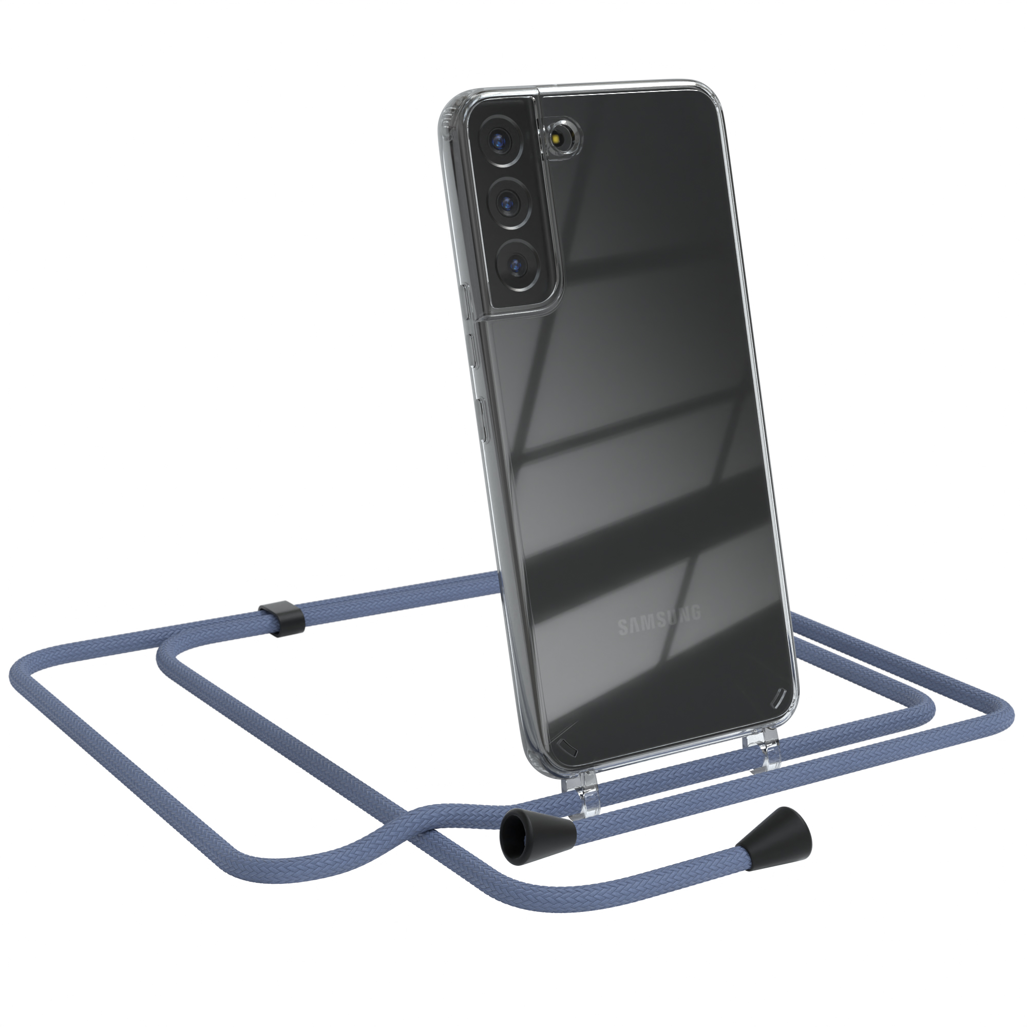 Ein Samsung-Telefon in einer transparenten Hülle mit blauem Riemen. Das Telefon steht vor weißem Hintergrund.