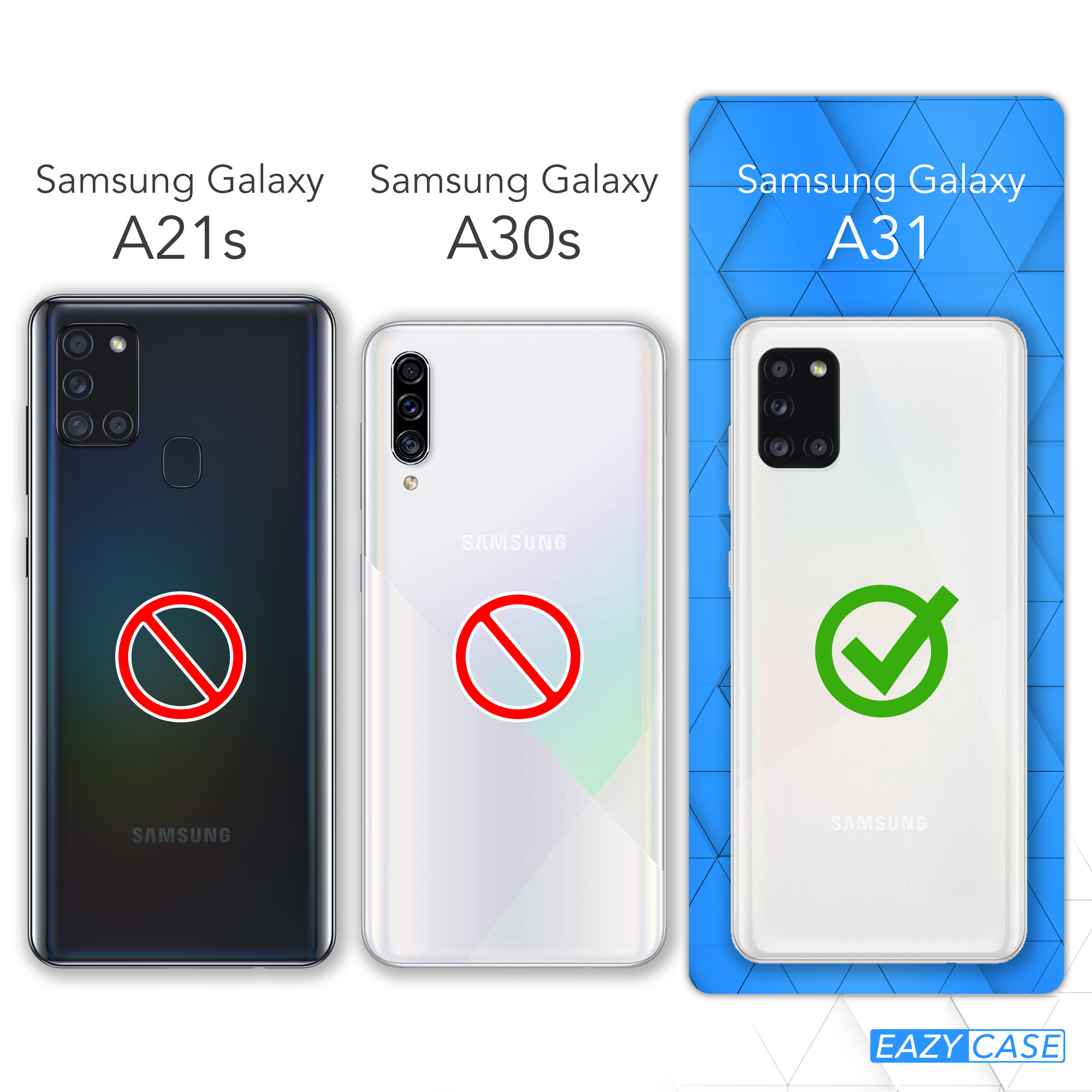Drei Samsung-Telefone mit Hüllen. Galaxy A31 ist genehmigt, A21s und A30s abgelehnt.