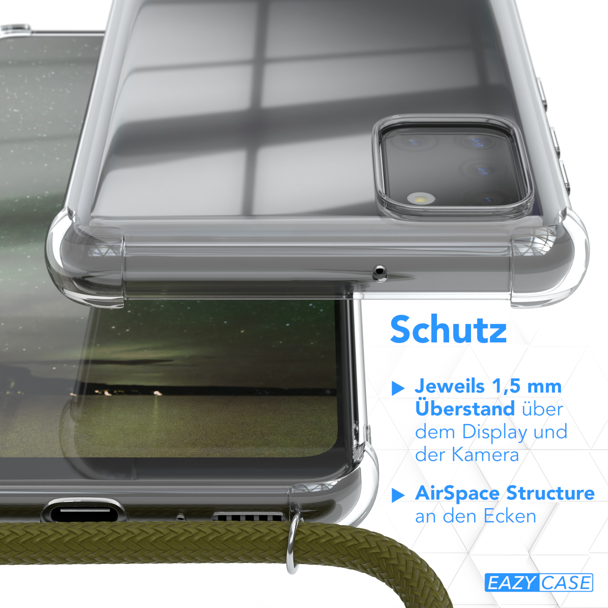 Nahaufnahme der Handyhülle, die das Telefon schützt; Text über den Schutz und das Markenlogo.