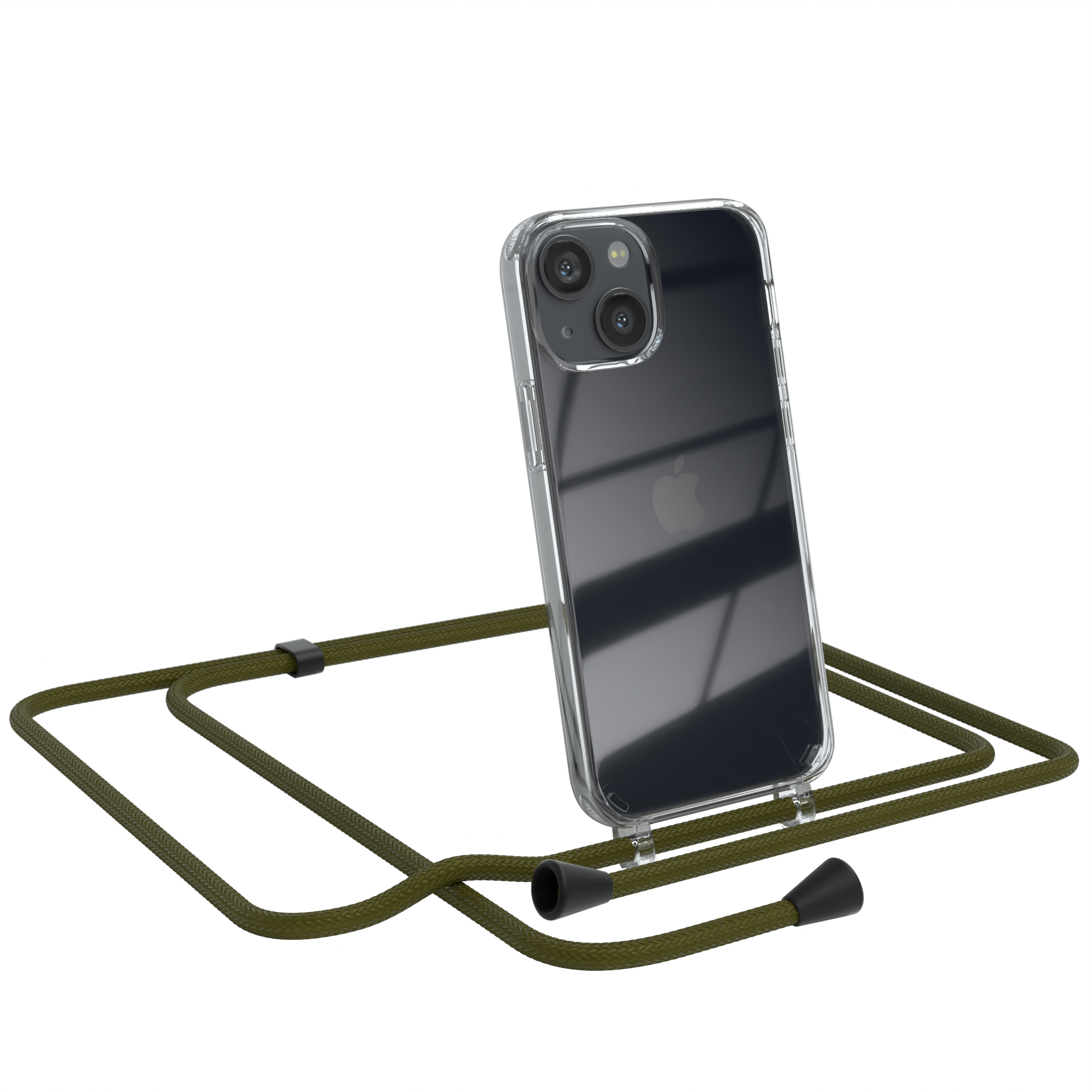 EAZY Umhängetasche, CASE mit Umhängeband, Mini, 13 Apple, iPhone Olive Grün Clear Cover