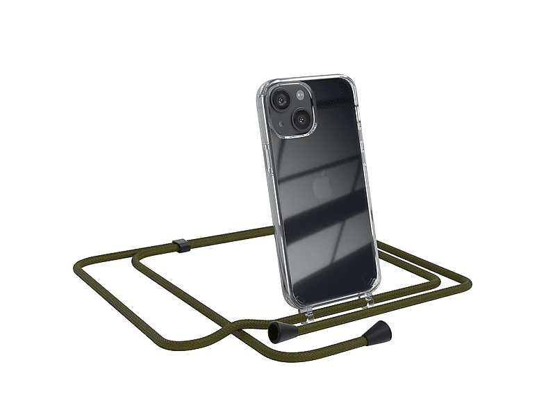EAZY CASE Clear Cover mit Umhängeband, Umhängetasche, Apple, iPhone 13 Mini, Olive Grün