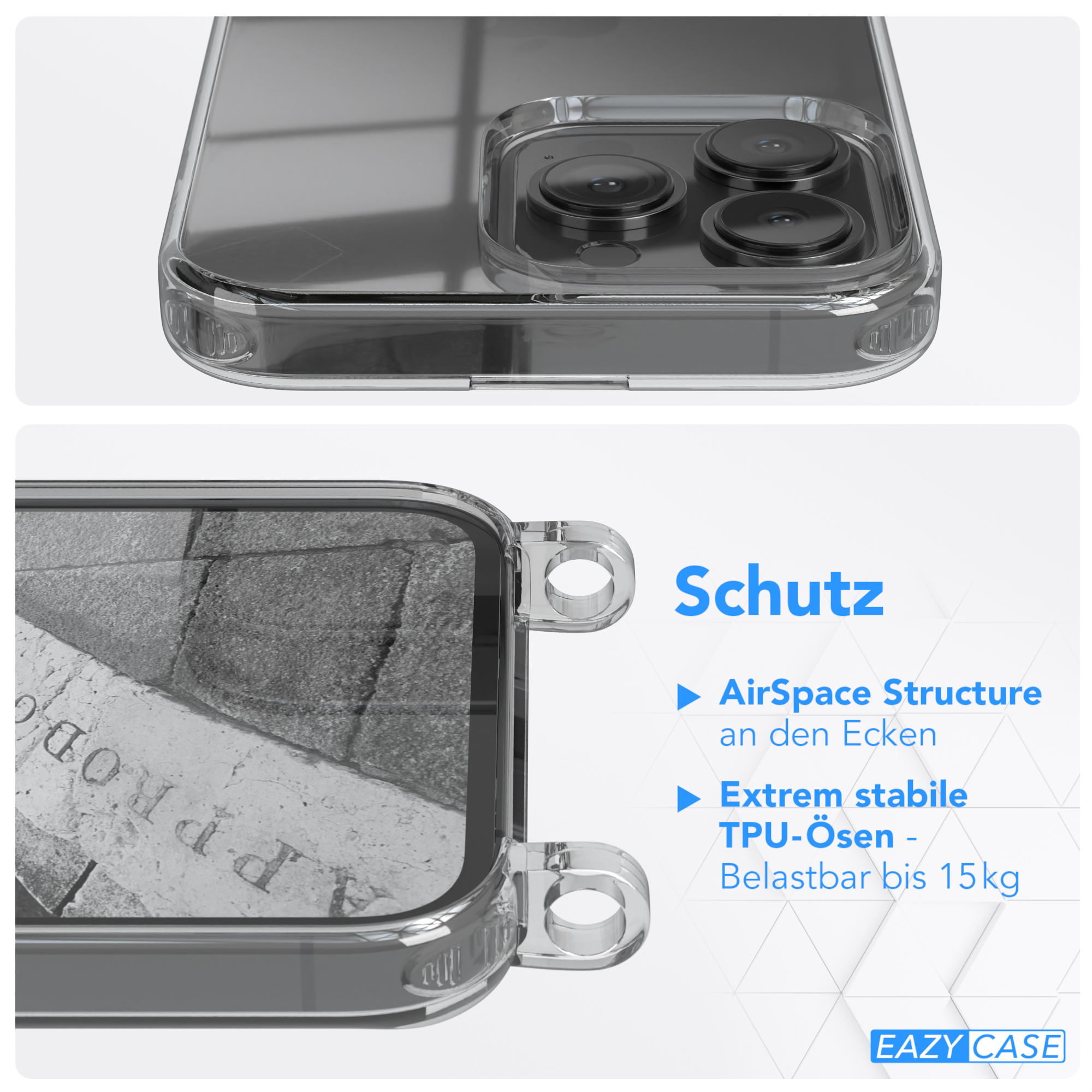 Nahaufnahme einer Handyhülle mit Schutzfunktionen. Text: AirSpace-Struktur, TPU-Ösen.