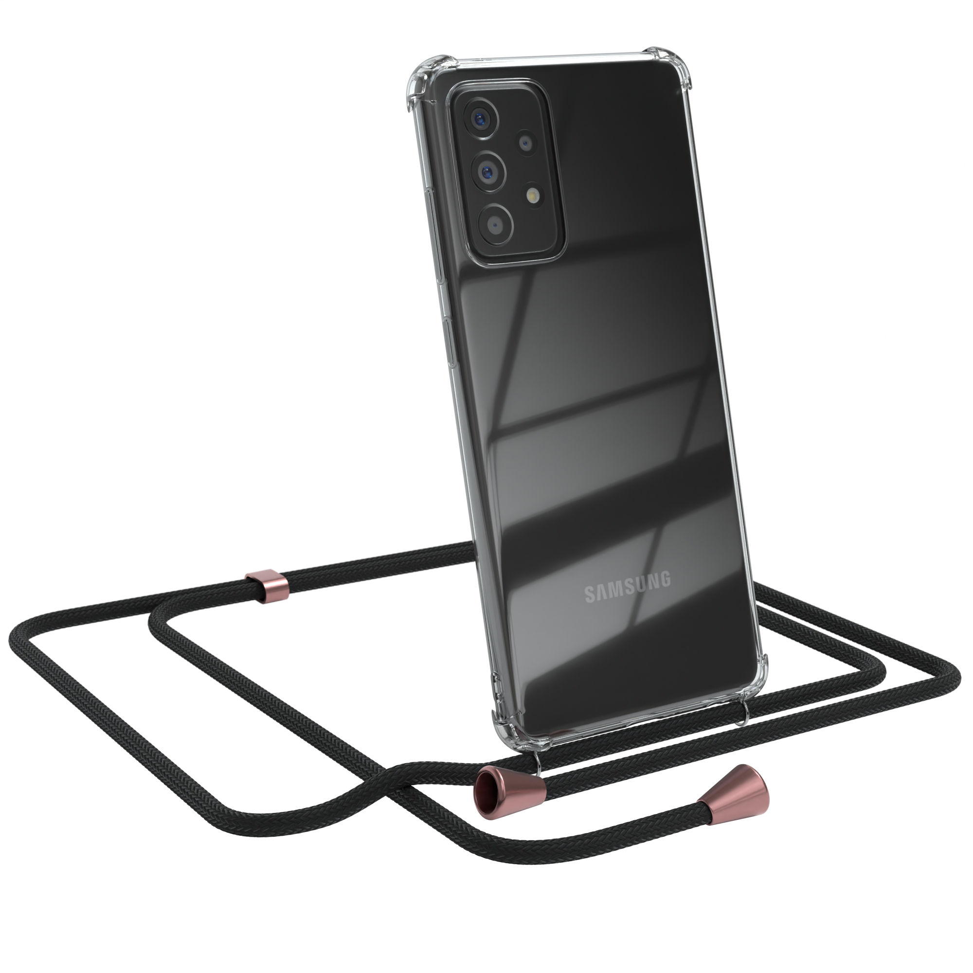 Eine transparente Handyhülle auf einem Samsung-Telefon mit einem schwarzen Lanyard. Die Hülle ist transparent.