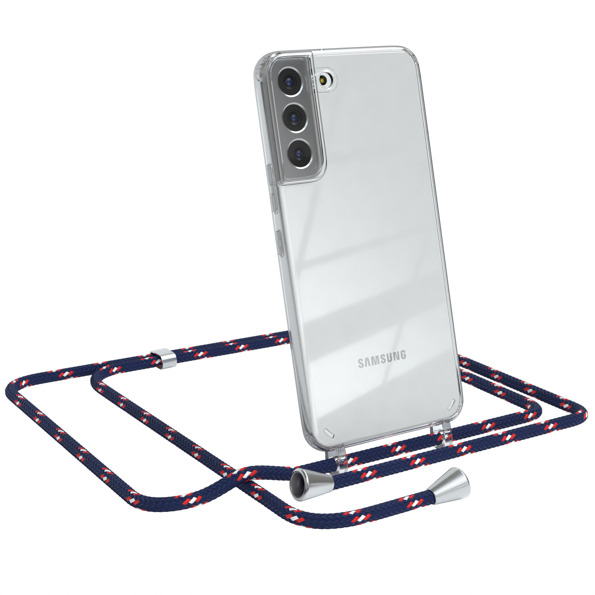 Transparente Handyhülle mit rot, weiß und blauem Lanyard. Samsung mit sichtbaren Kameras.