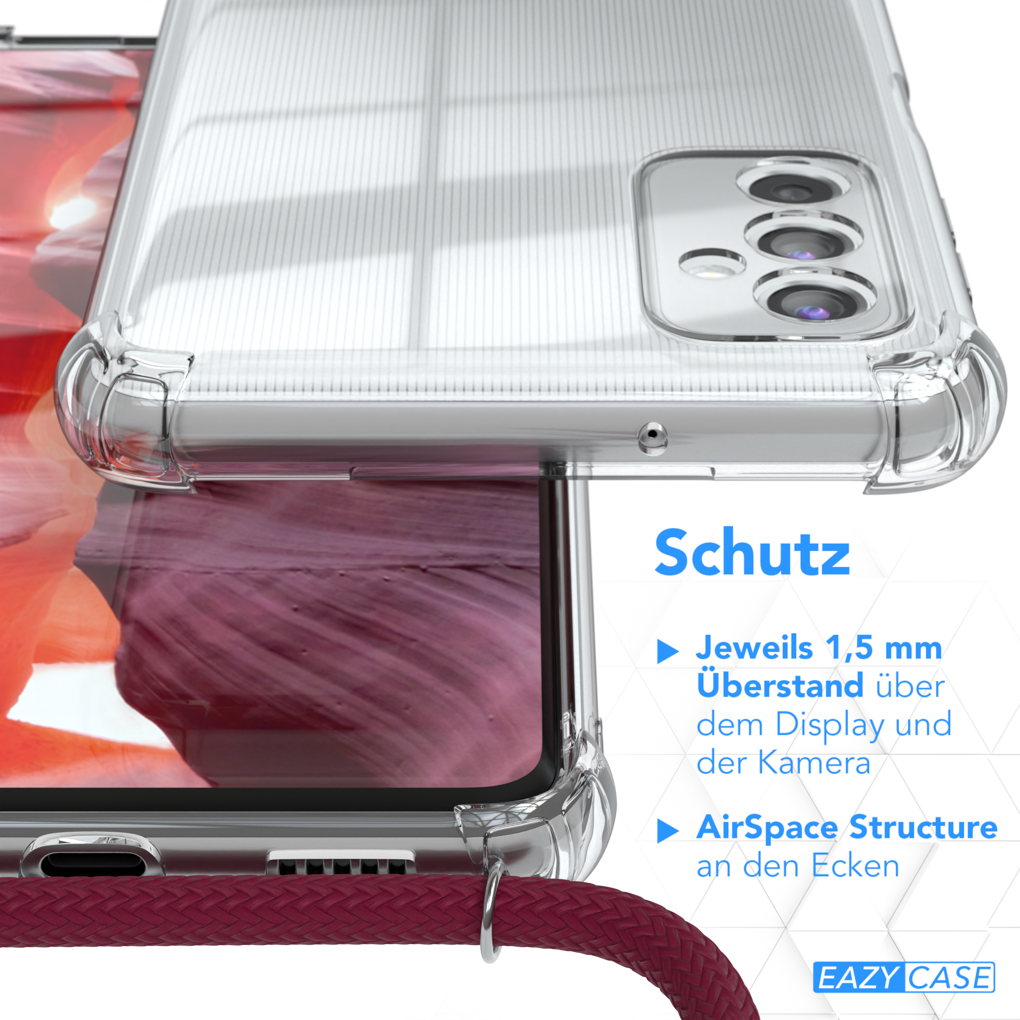 EAZY CASE Clear Cover Rot Galaxy Silber M52 / Clips Umhängetasche, 5G, mit Umhängeband, Bordeaux Samsung