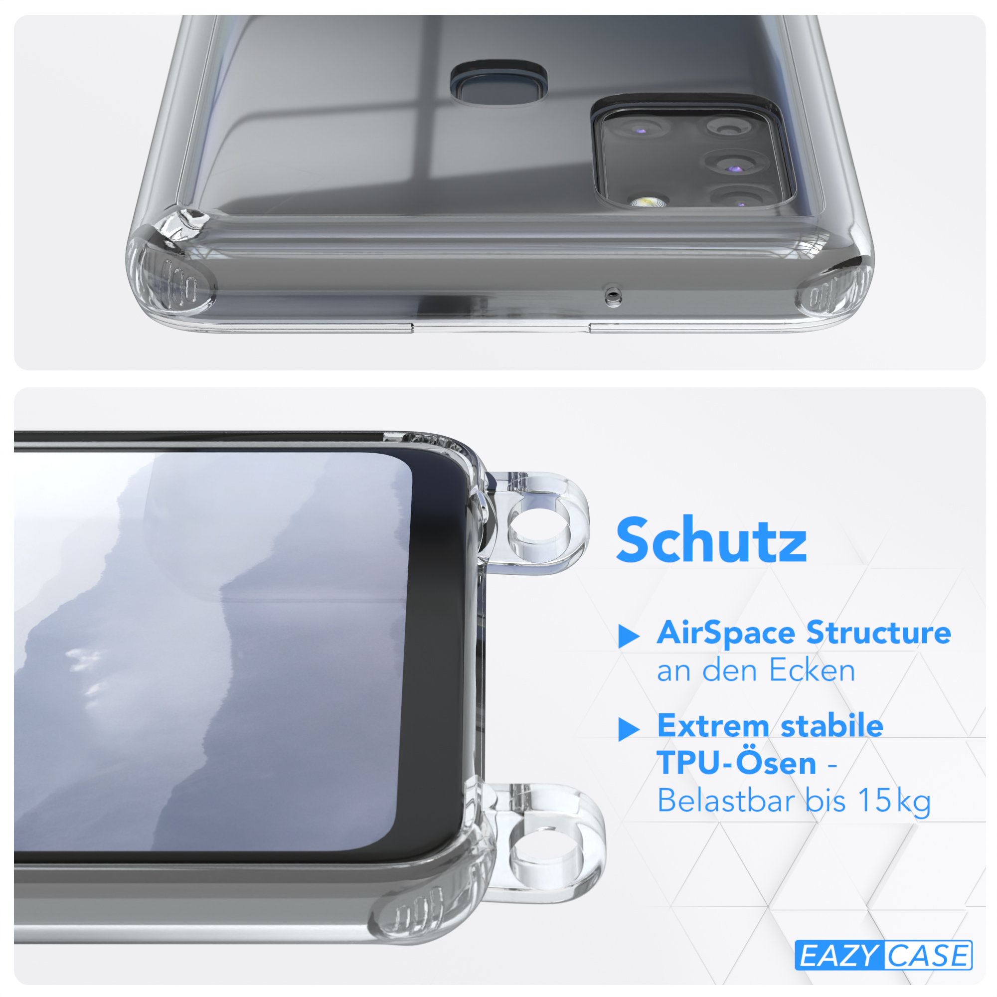 EAZY CASE Clear Cover mit Samsung, Umhängeband, Umhängetasche, Blau Galaxy A21s