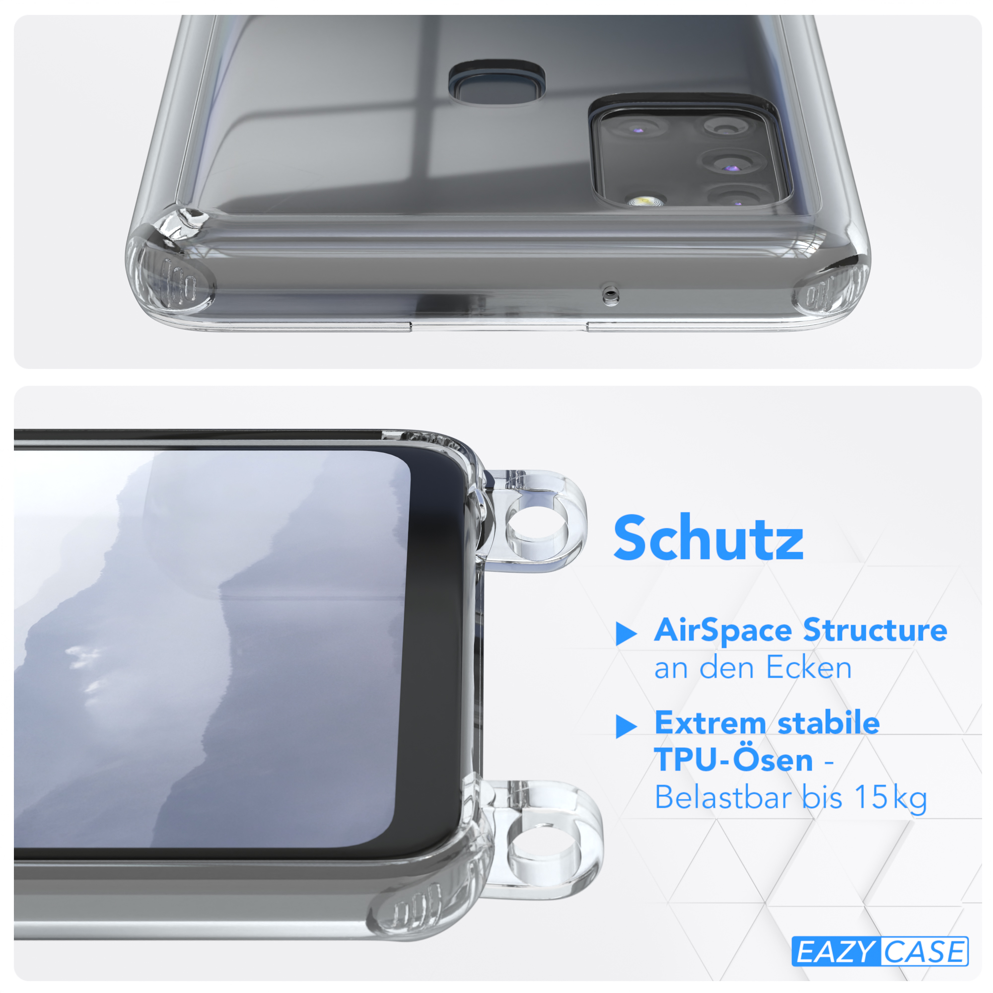 Transparente Handyhülle über einem Telefon. AirSpace-Struktur an der Ecke. Schwarzer Hintergrund.