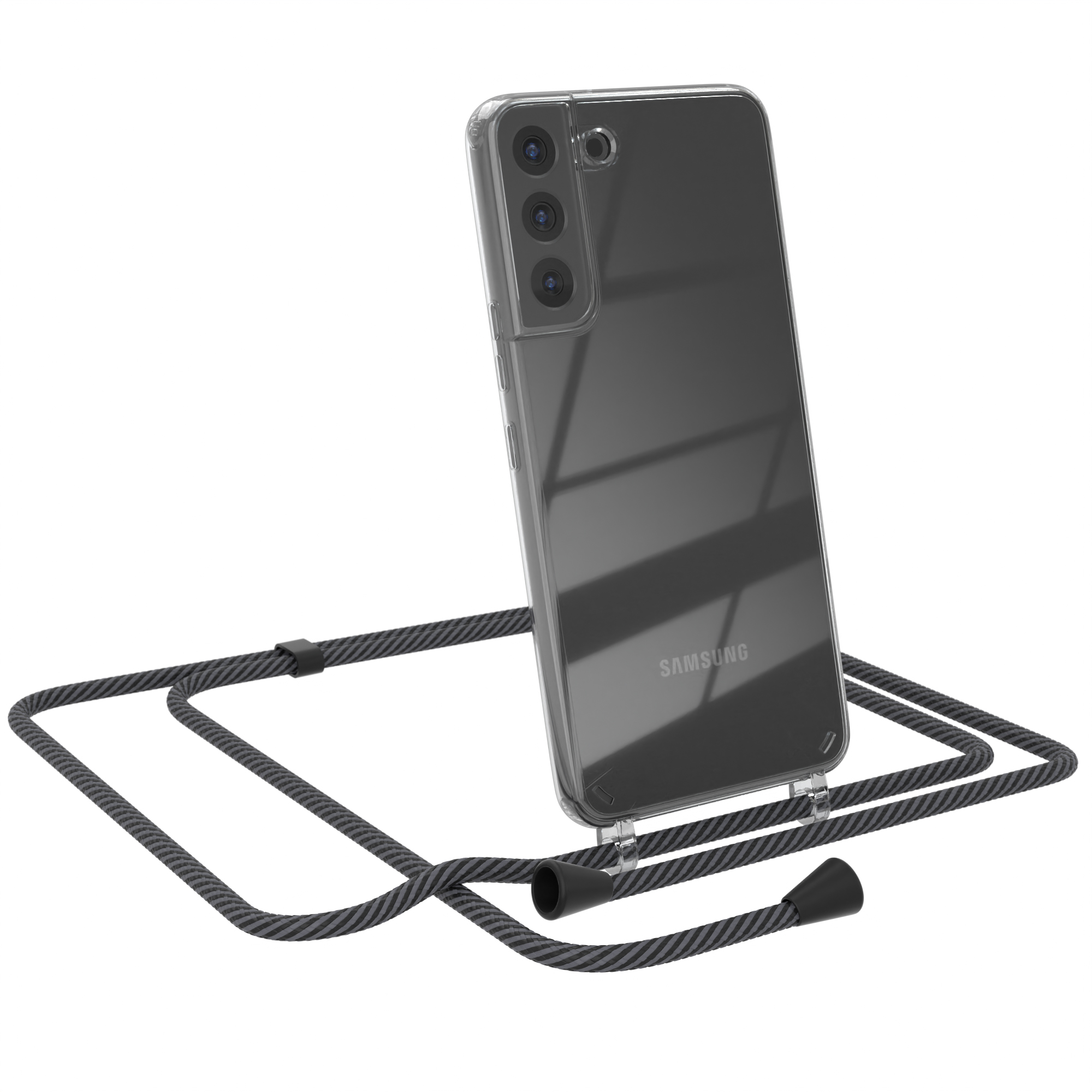 Transparente Handyhülle mit grauem Band. Samsung-Logo sichtbar.