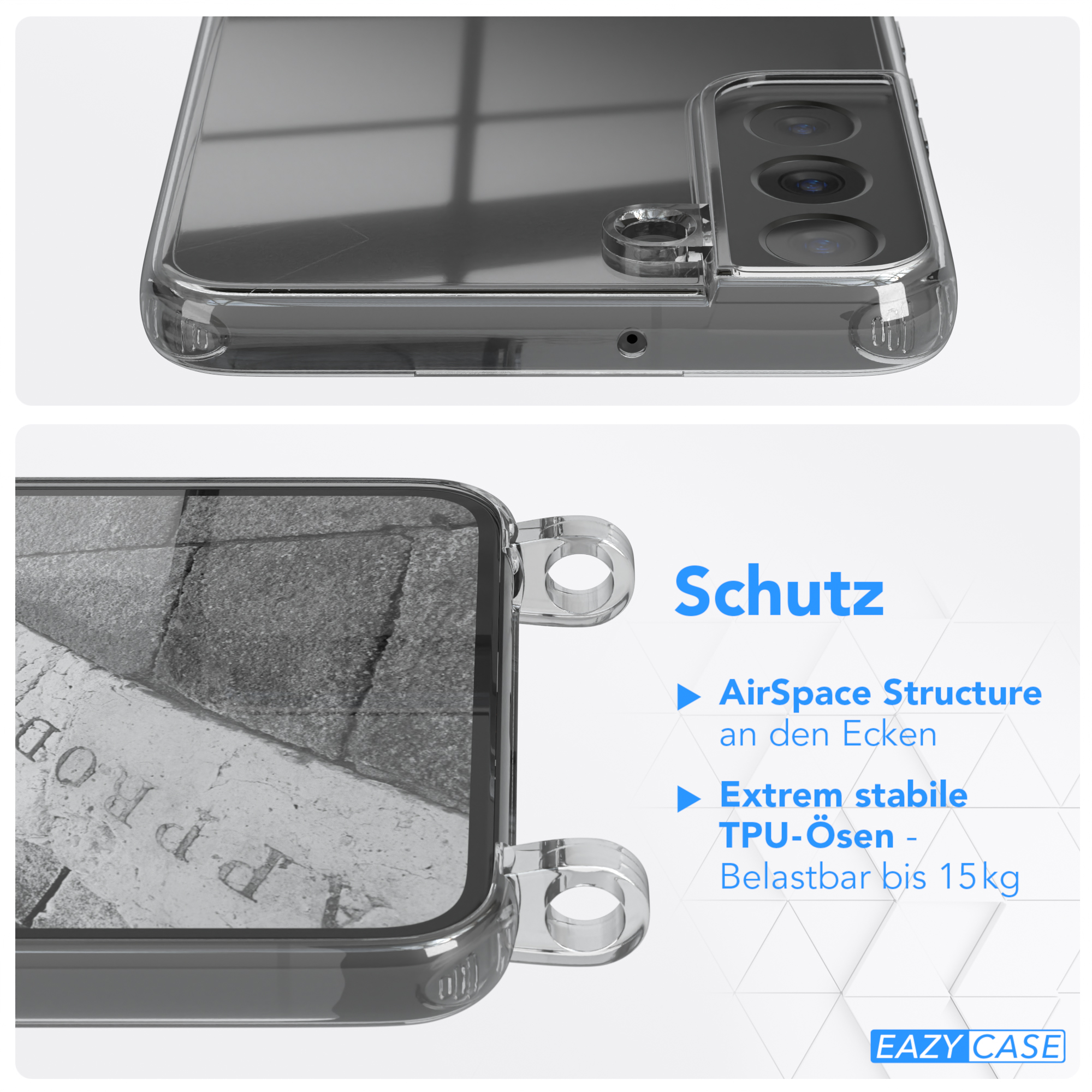 Nahaufnahme einer Handyhülle, die Ecken und eine klare Sicht auf das Telefon zeigt.