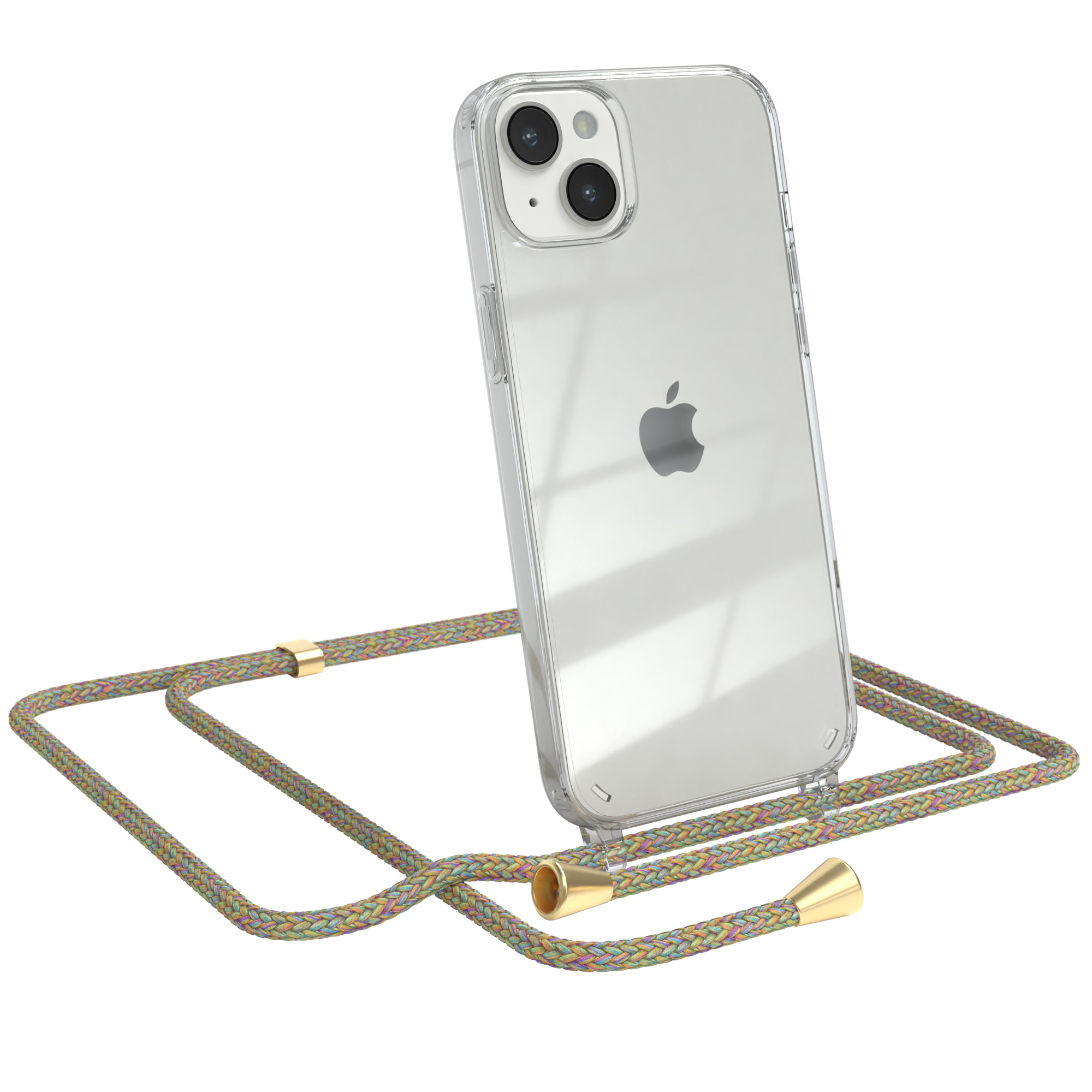 EAZY CASE Clear Cover Umhängetasche, Apple, Gold / Bunt mit Umhängeband, Clips 14 Plus, iPhone
