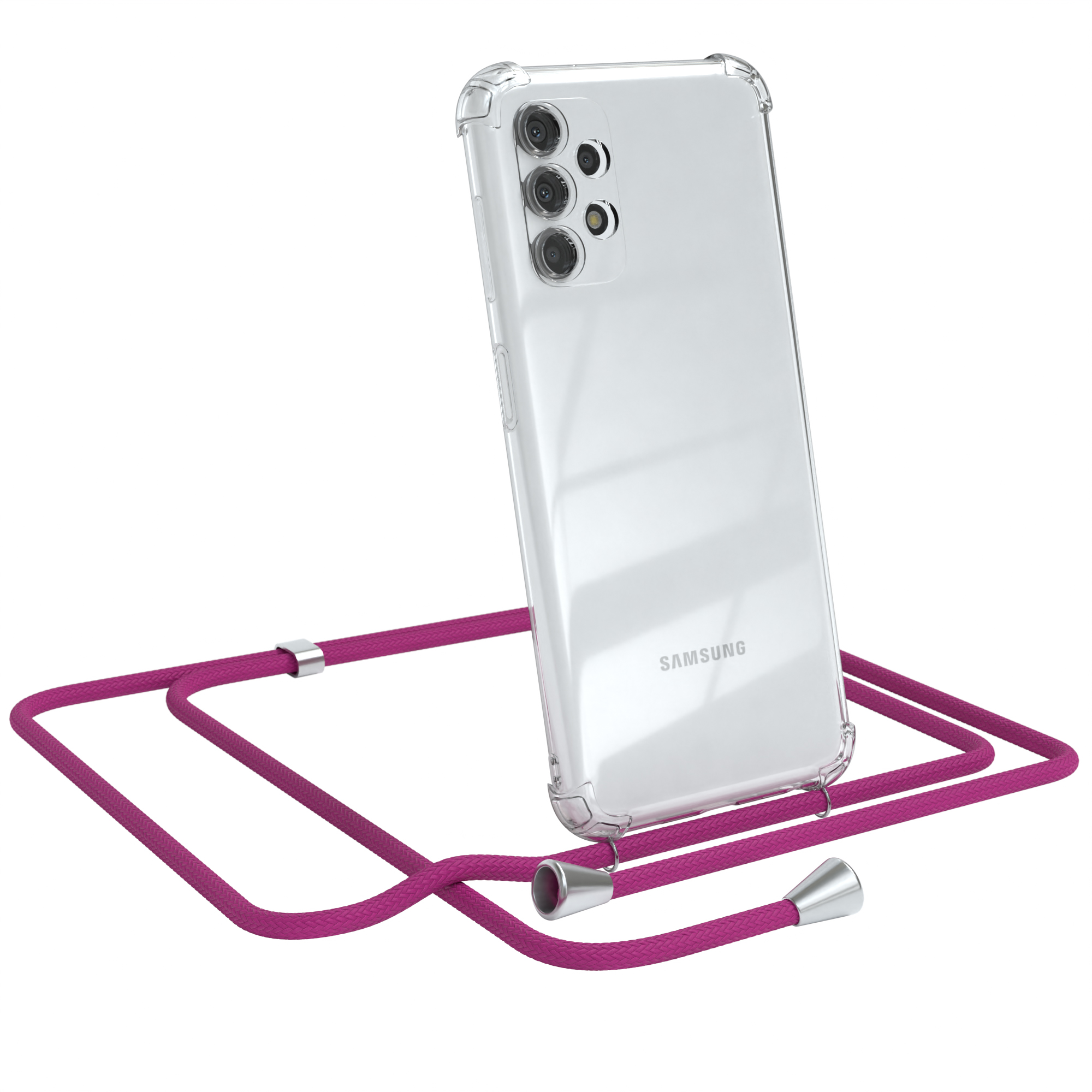 Transparente Handyhülle mit magenta Kordel. Samsung-Telefon sichtbar. Auf weißem Grund.