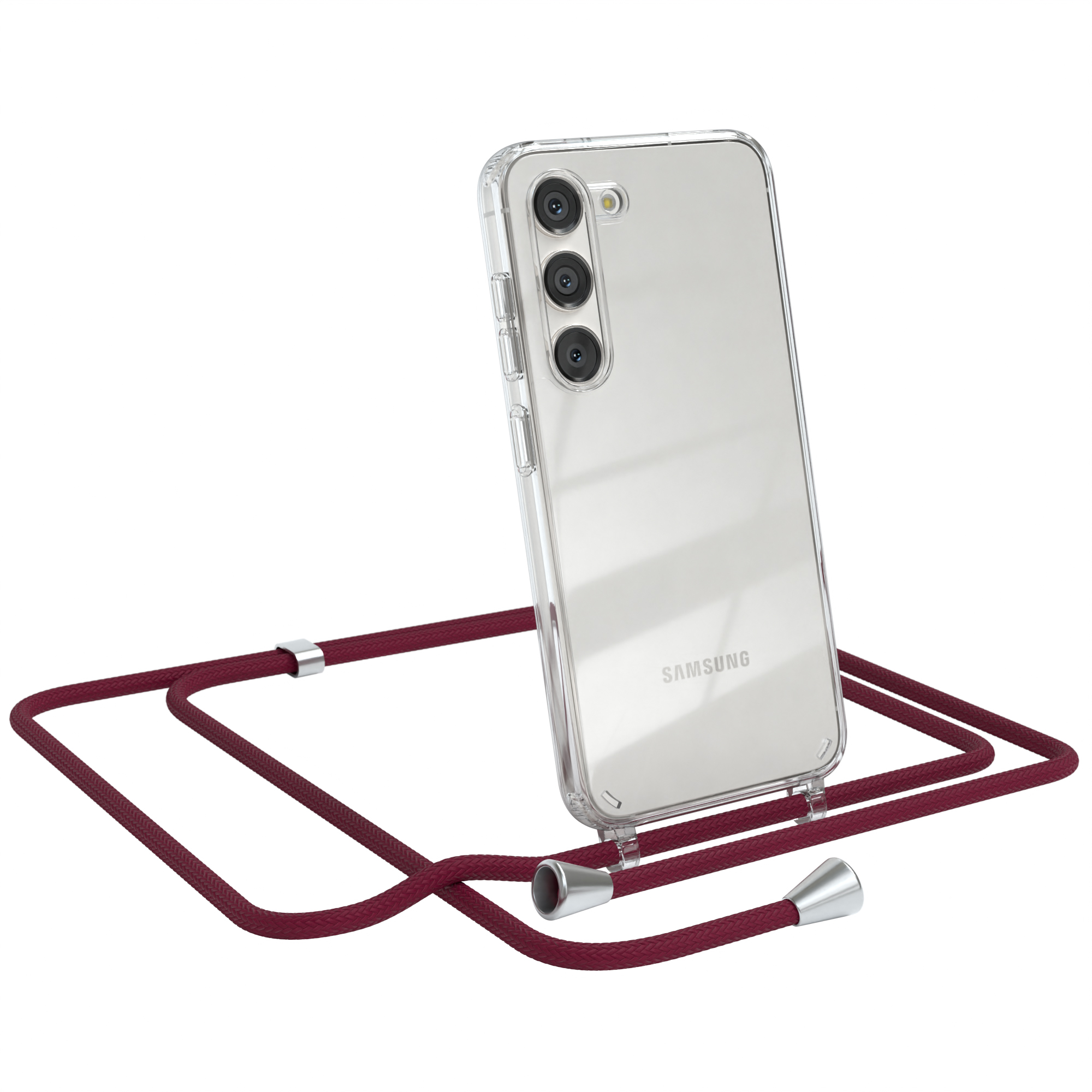 Eine transparente Handyhülle mit einem weinroten Umhängeband. Ein Samsung-Telefon ist darin.