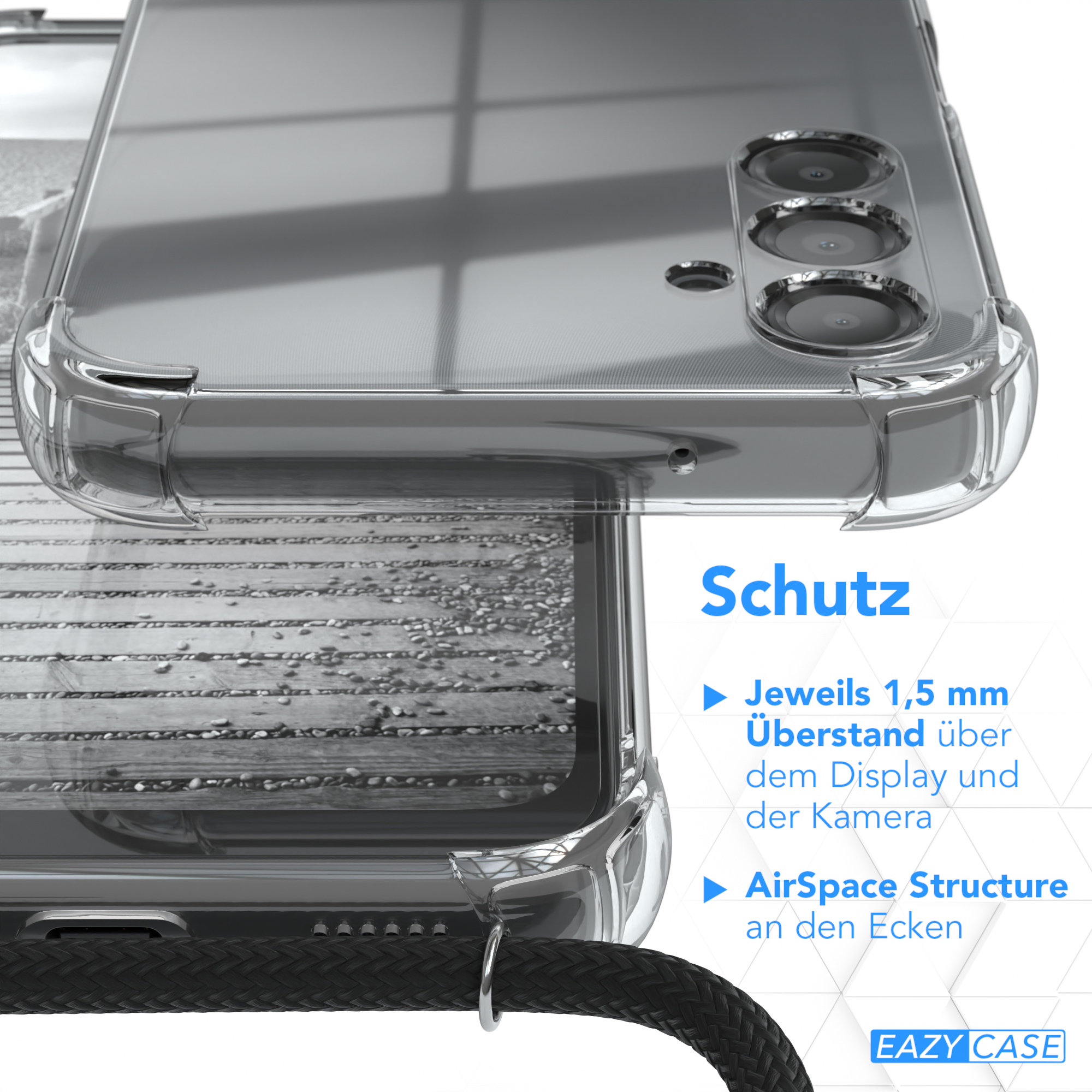 Transparente Handyhülle, Text an der Seite, schwarzes Kabel. Grauer und weißer Hintergrund.