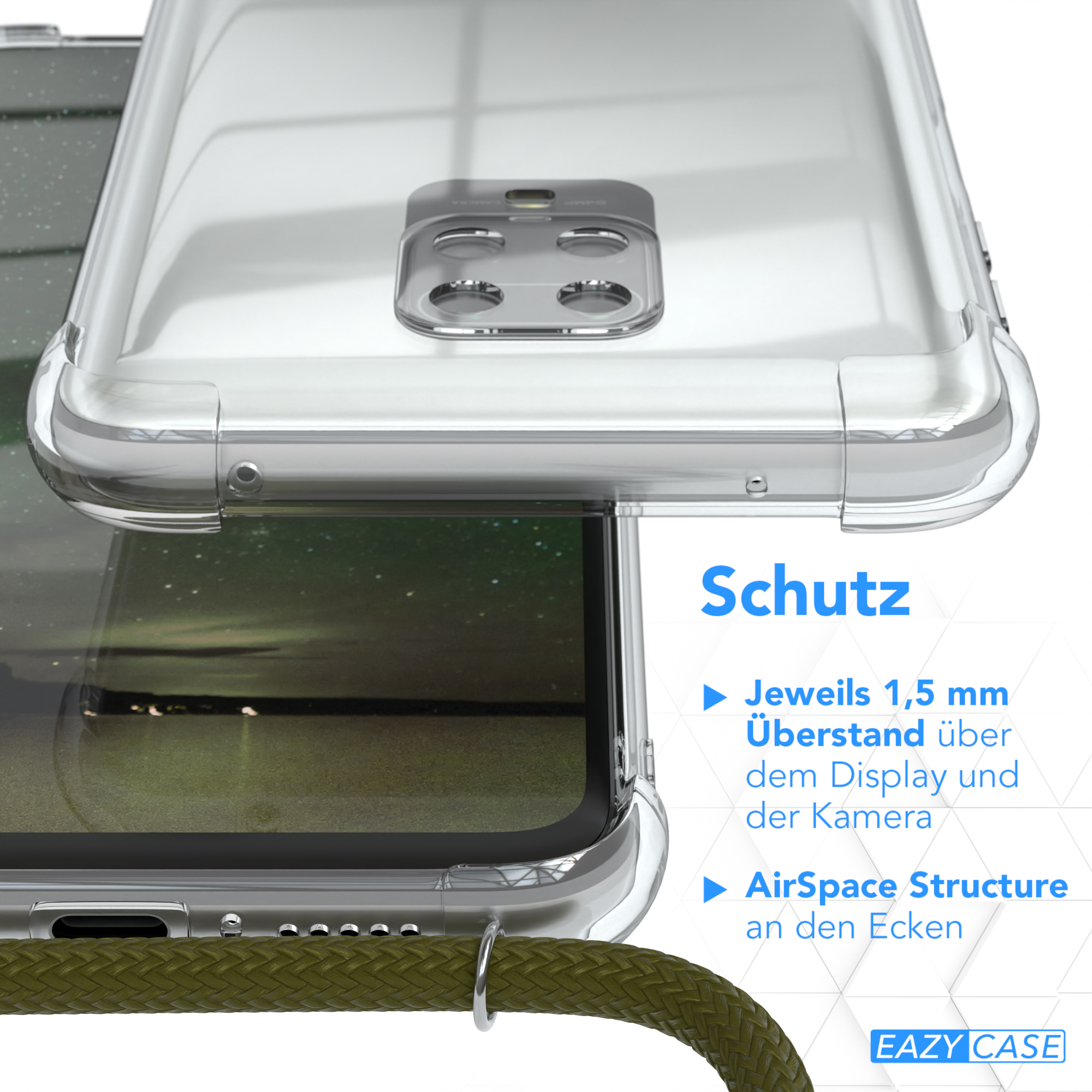 Nahaufnahme einer Handyhülle. Klare Rückseite, grünes Kabel. Text: 1,5 mm Displayüberhang.