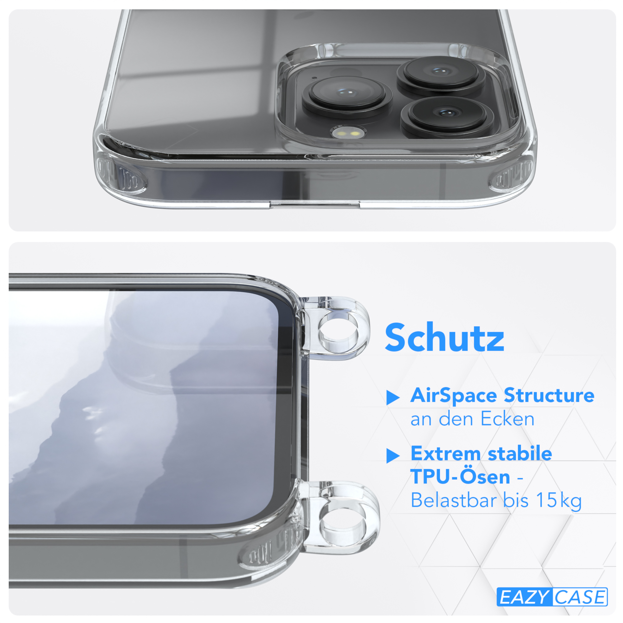 Eine transparente Handyhülle mit Details: AirSpace-Struktur und extrem stabiles TPU.