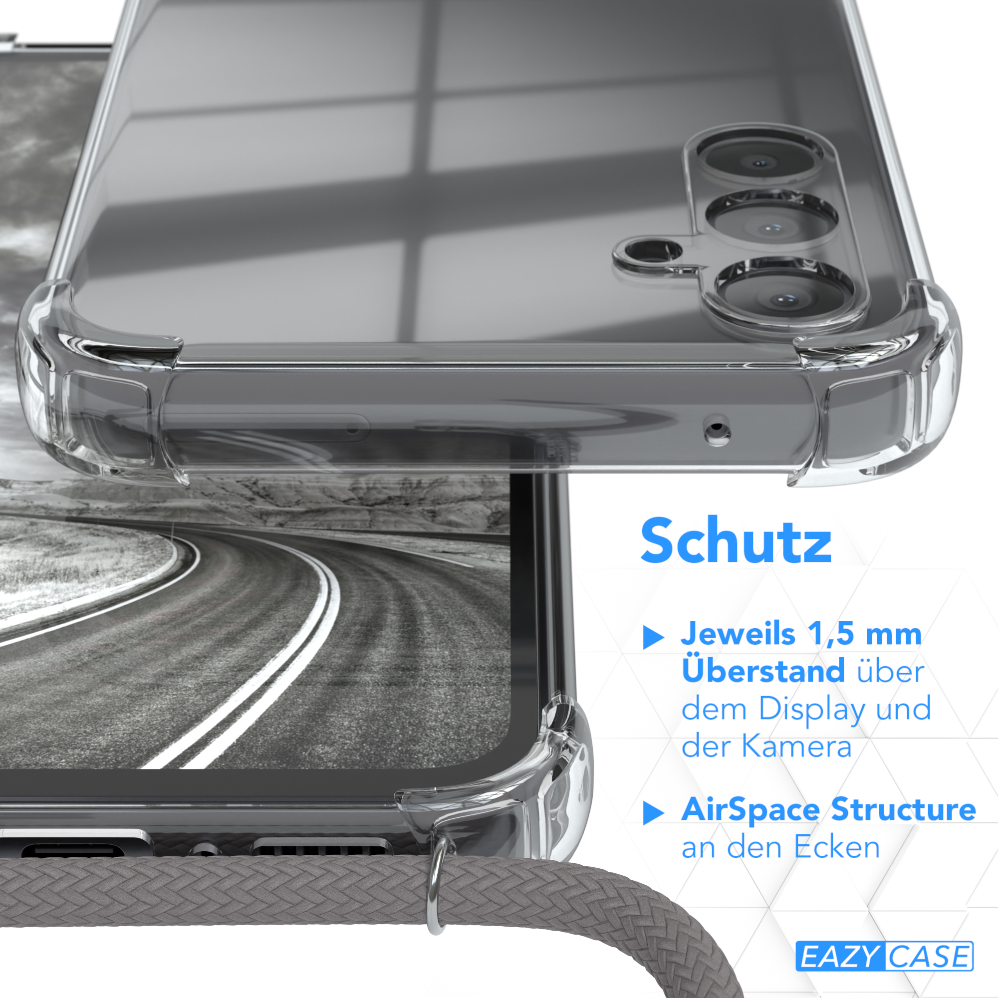 Nahaufnahme der Handyhülle, zeigt Kanten und Kordelbefestigung. Die Hülle schützt das Telefon.