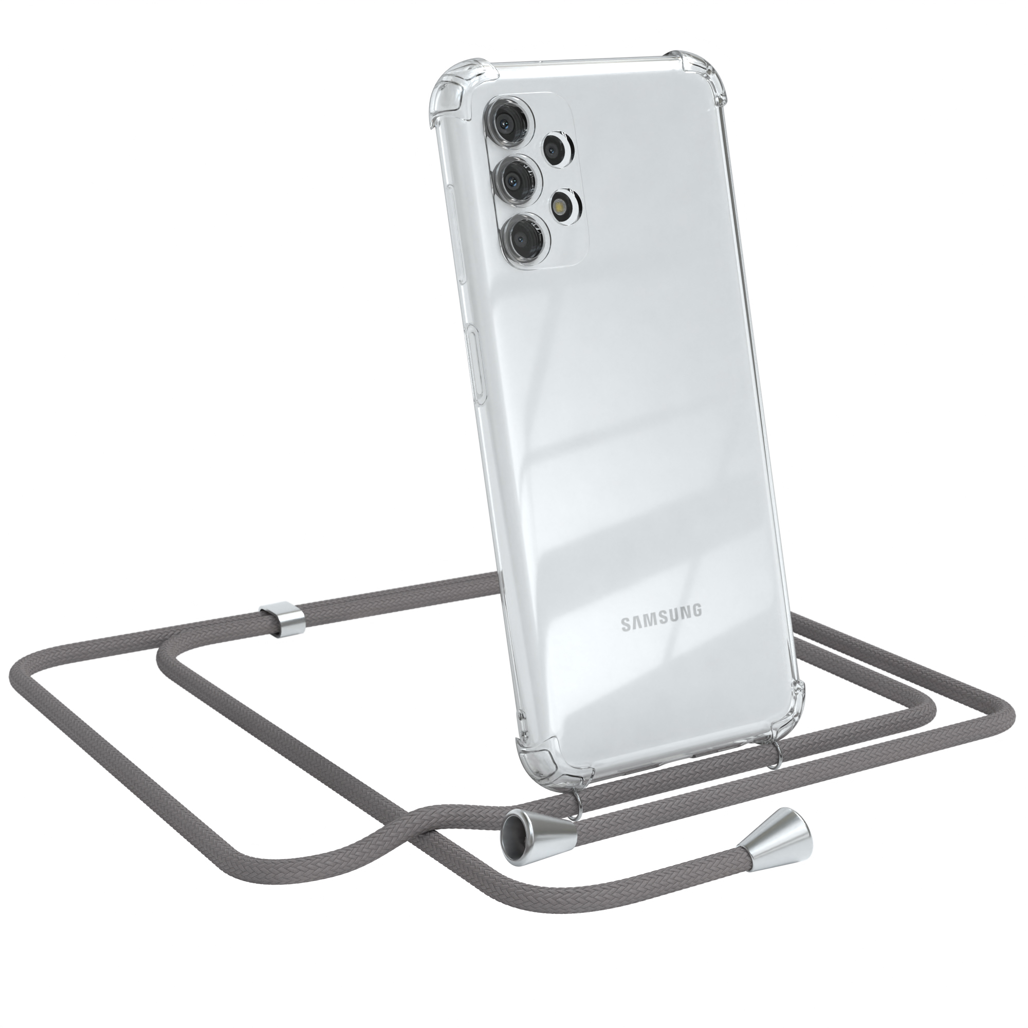 Transparente Handyhülle mit grauem Handystrap auf weißem Hintergrund.