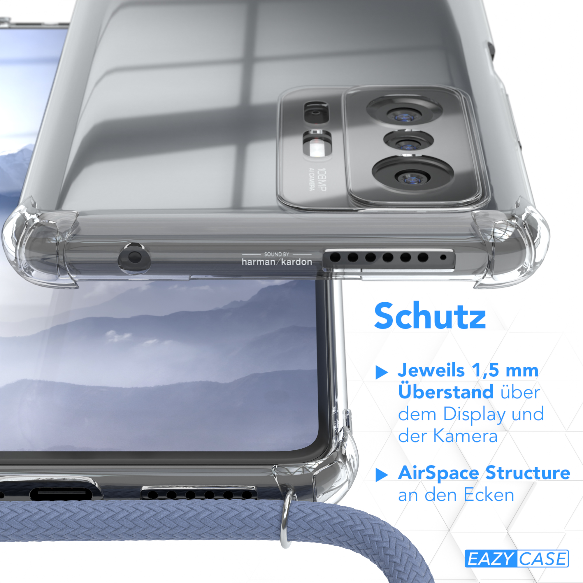 Nahaufnahme eines Telefons in einer transparenten Hülle mit Text und blauem Riemen.
