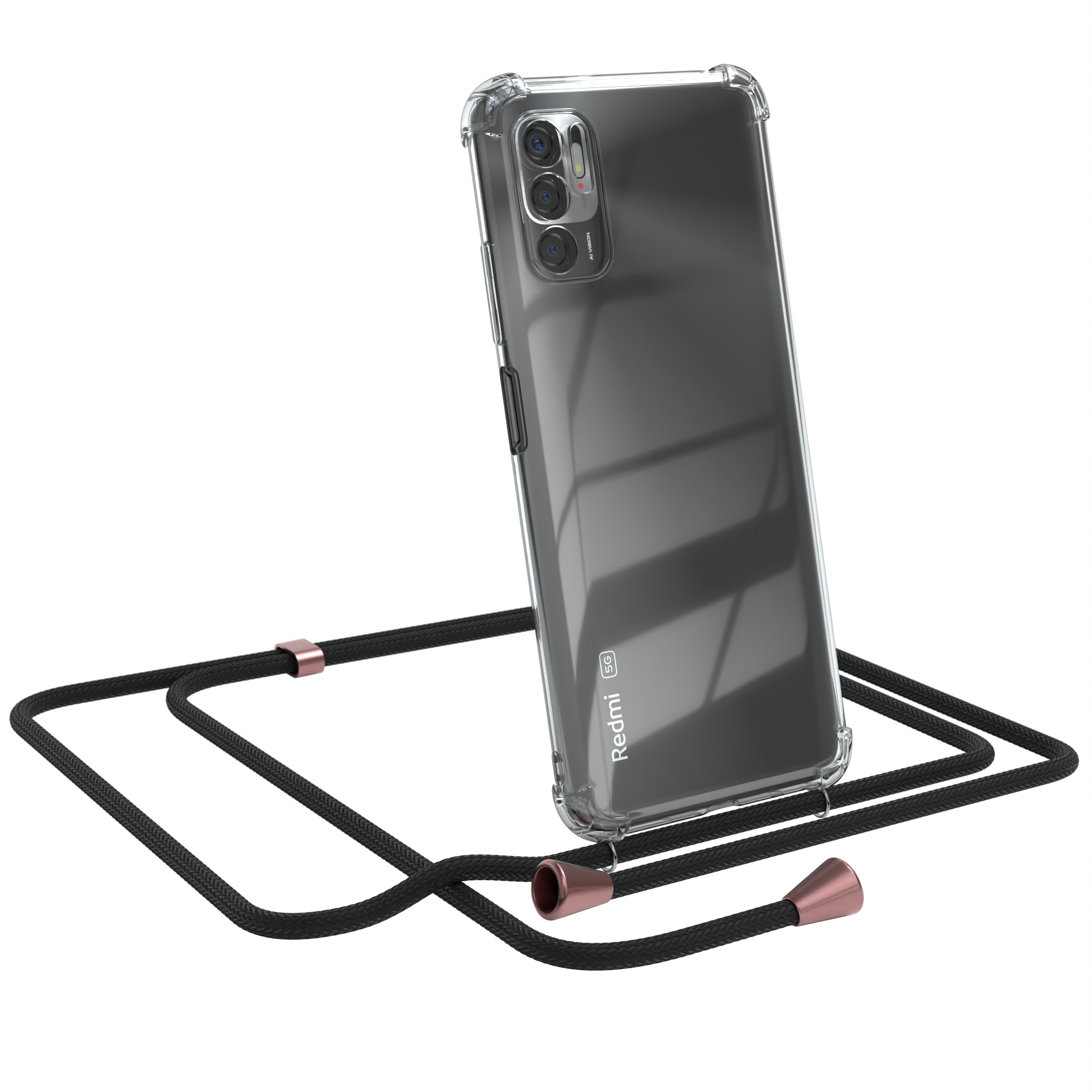 Redmi-Telefon mit transparenter Hülle und schwarzem Umhängeband. Telefon ist schwarz.