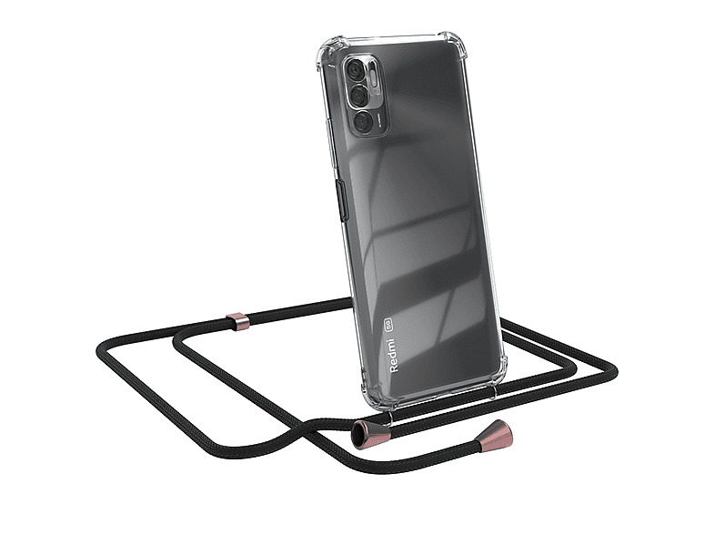 EAZY CASE Clear Cover mit Umhängeband, Umhängetasche, Xiaomi, Redmi Note 10 5G, Schwarz / Clips Rosé | Handyketten