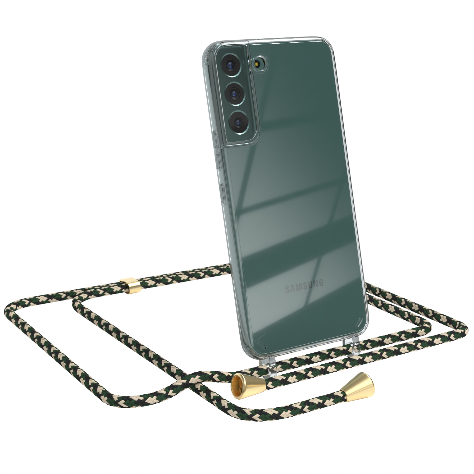 Ein Telefon in einer transparenten Hülle mit einem grün-schwarz gemusterten Kabel.
