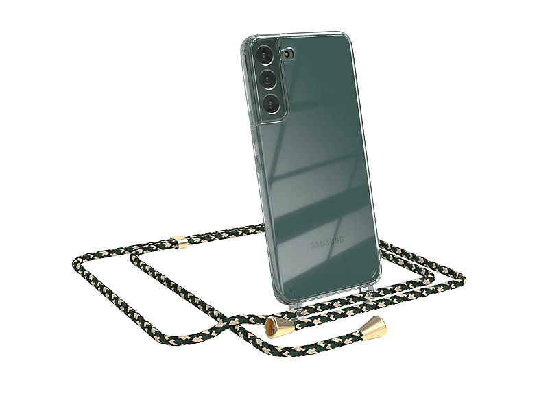 EAZY CASE Clear Cover mit Umhängeband, Umhängetasche, Samsung, Galaxy S22 Plus 5G, Grün Camouflage / Clips Gold