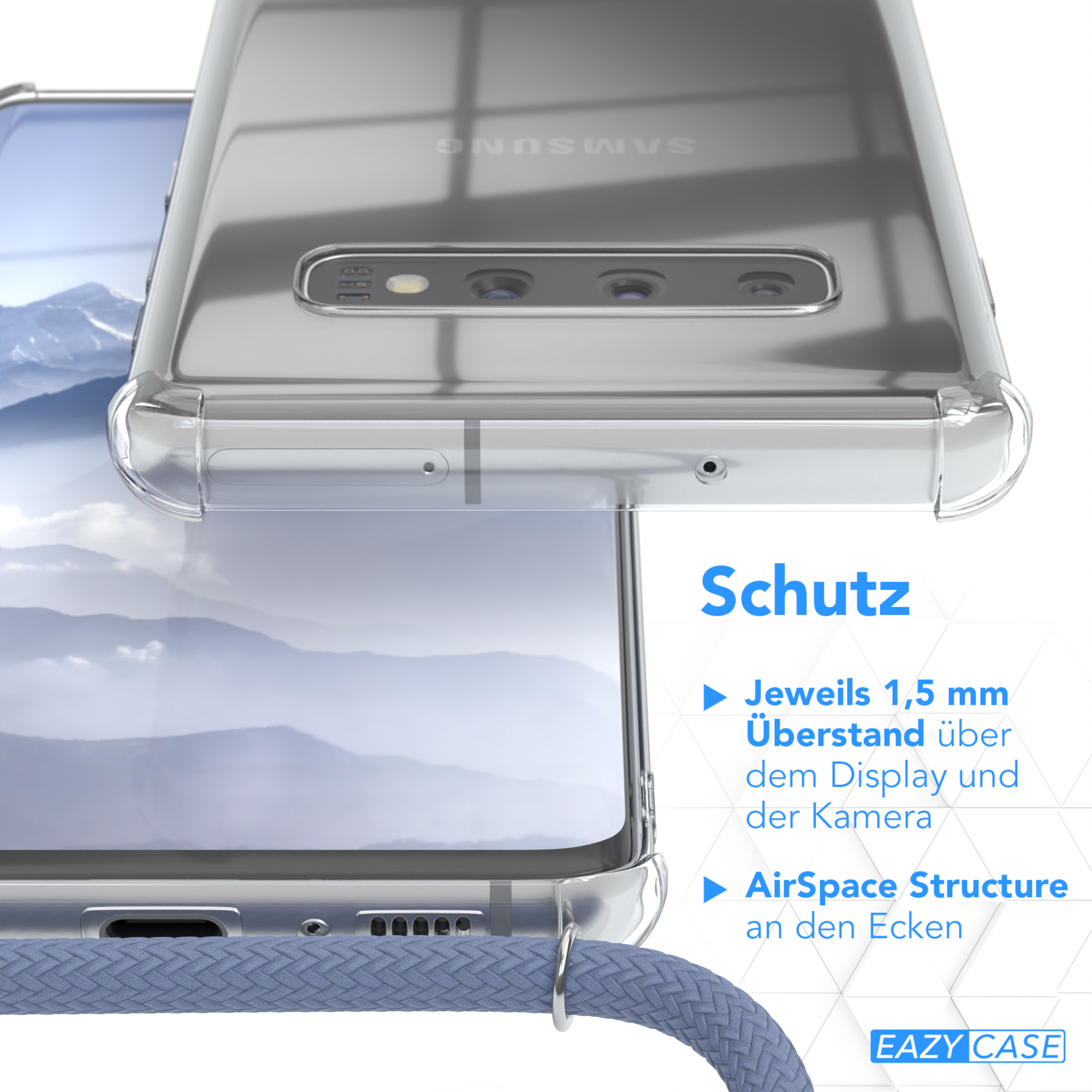 Handyhülle mit blauem Band. Text: 'Schutz' und Schutzfunktionen.