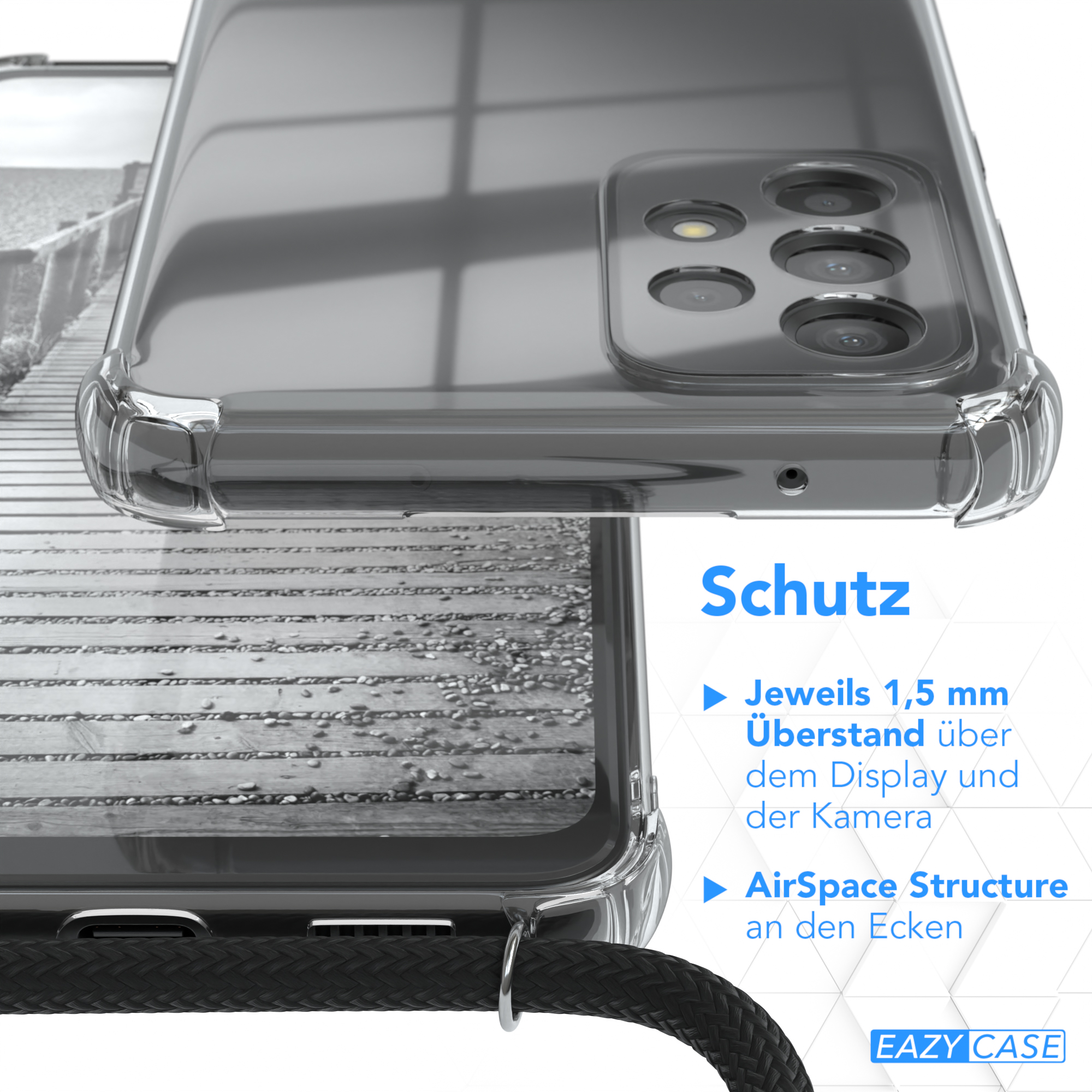 Nahaufnahme der Handyhülle, die das Telefon schützt; Text über den Schutz und das Markenlogo.