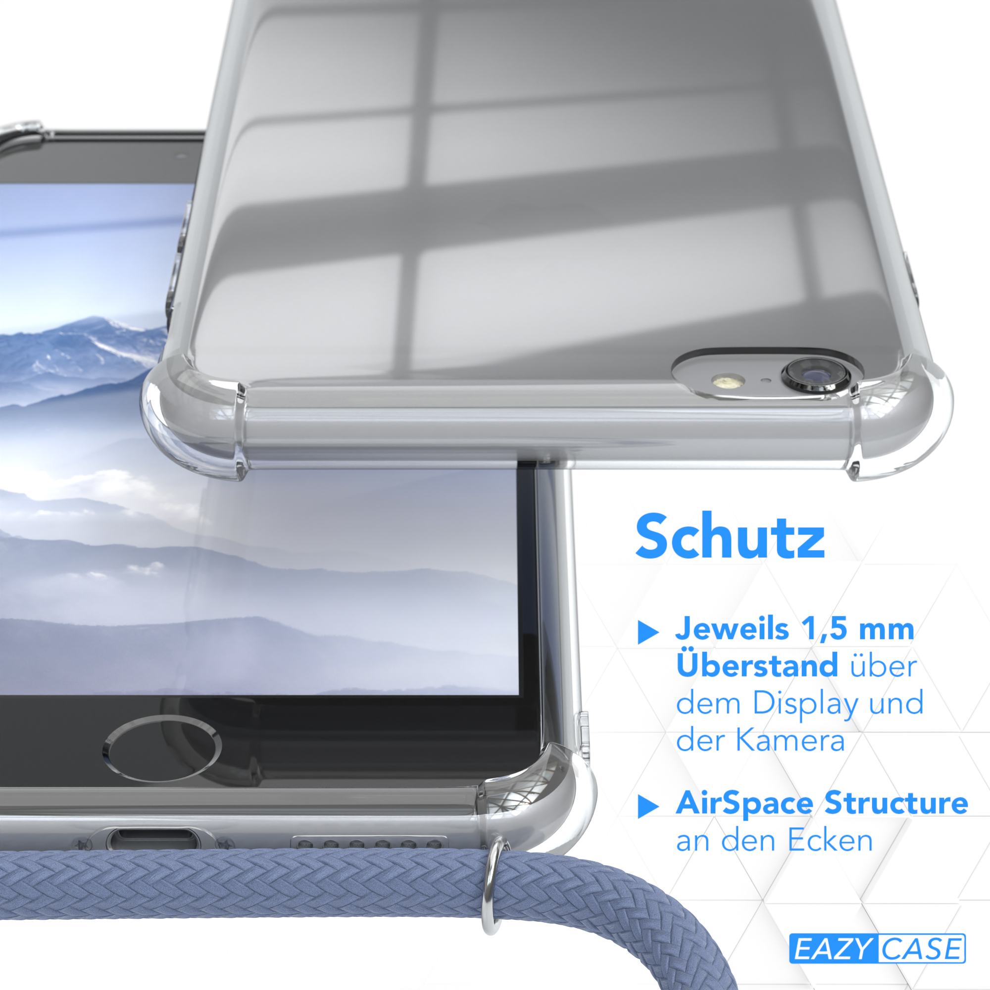 Umhängeband, Blau 6S, mit Umhängetasche, Clear iPhone 6 CASE Cover EAZY / Apple,