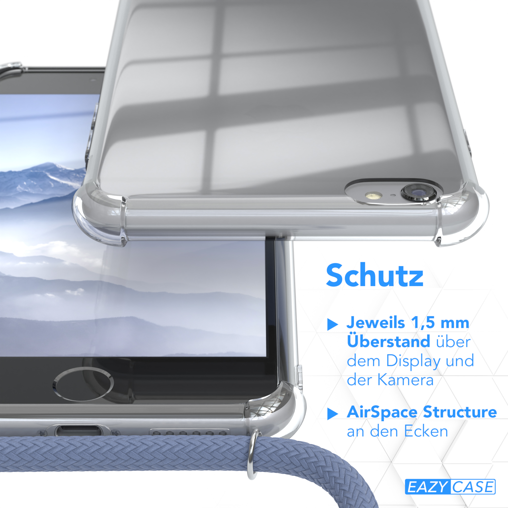 Transparente Handyhülle mit Schutzfunktionen. Telefon befindet sich in der Hülle. Blau-weißes Kabel befestigt.