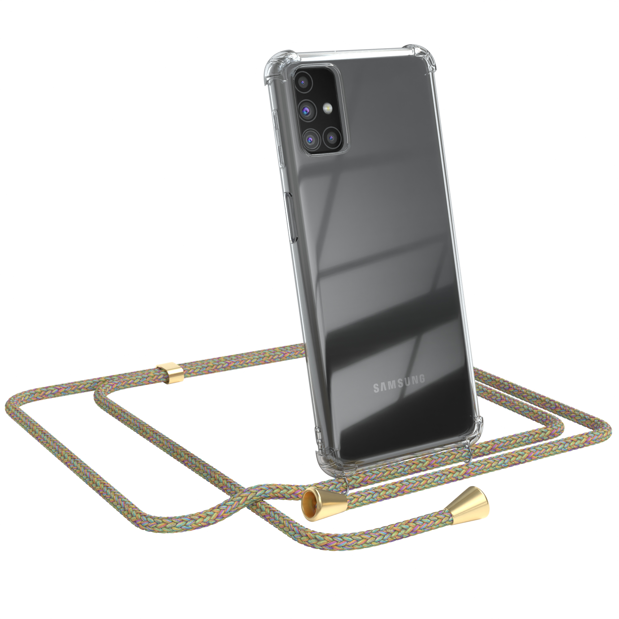 Schwarzes Telefon mit transparenter Hülle, goldenen Akzenten und einem mehrfarbigen Riemen.