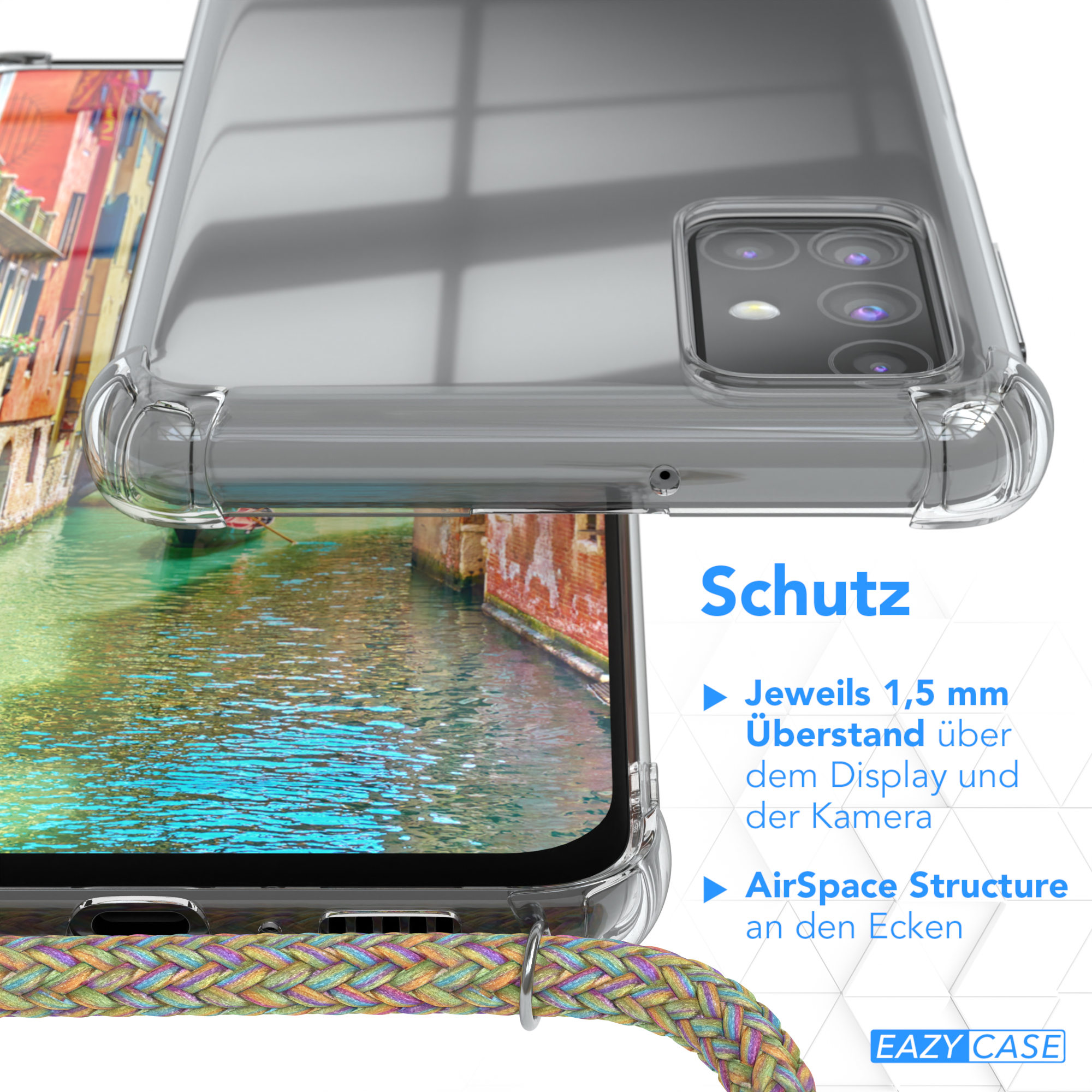 Nahaufnahme einer Handyhülle. Der Hintergrund zeigt eine Kanalszene mit Gebäuden und Wasser.