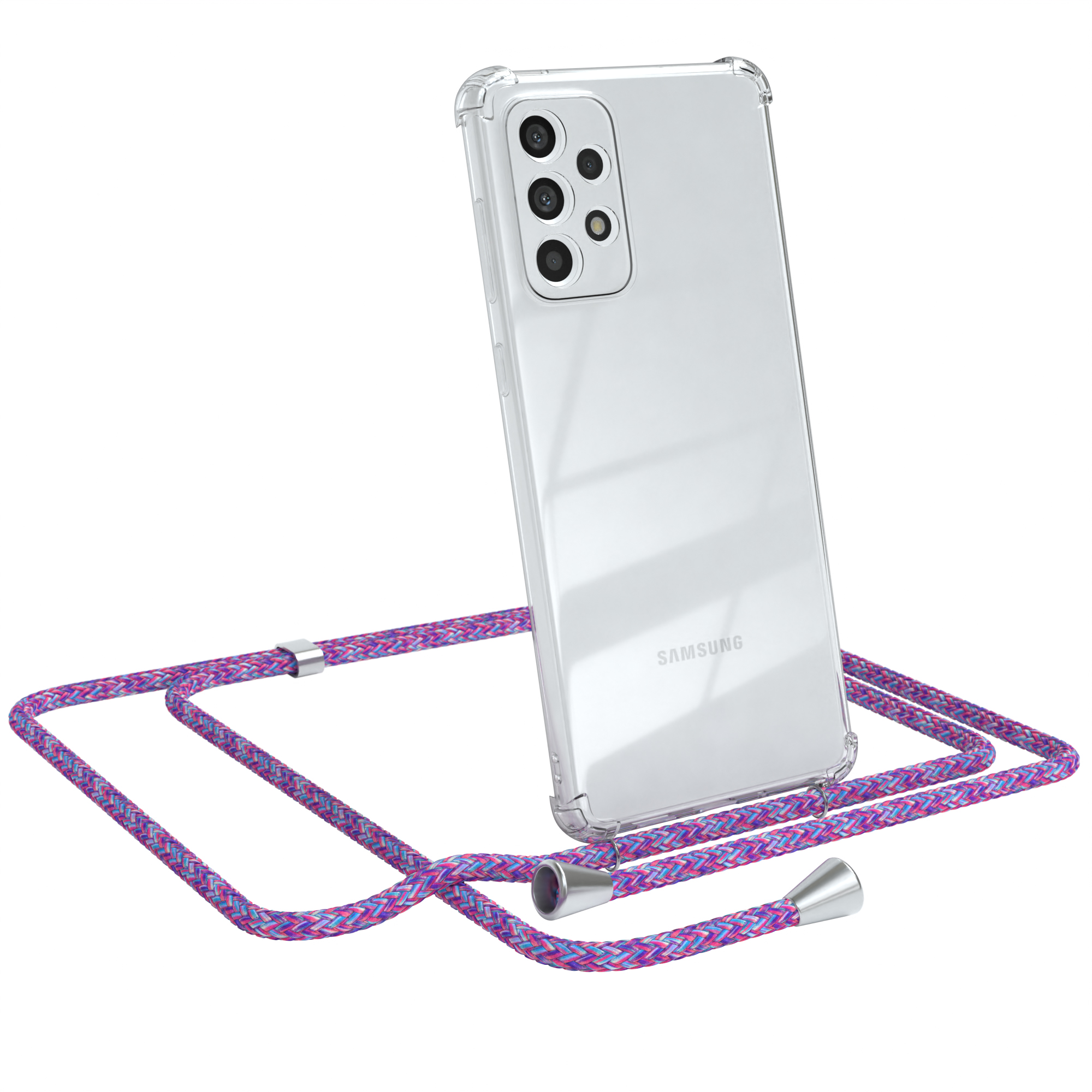 Transparente Handyhülle mit lila Band. Samsung-Handy sichtbar. Weißer Hintergrund.