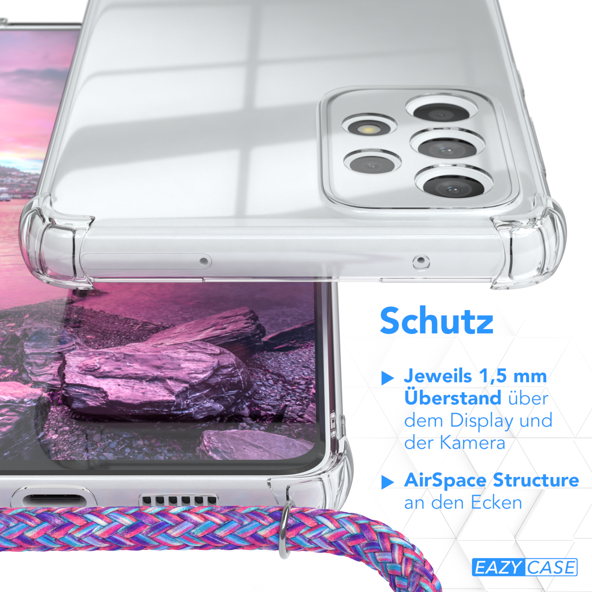 Handyhülle mit Telefon, Text, AirSpace-Struktur an den Ecken.