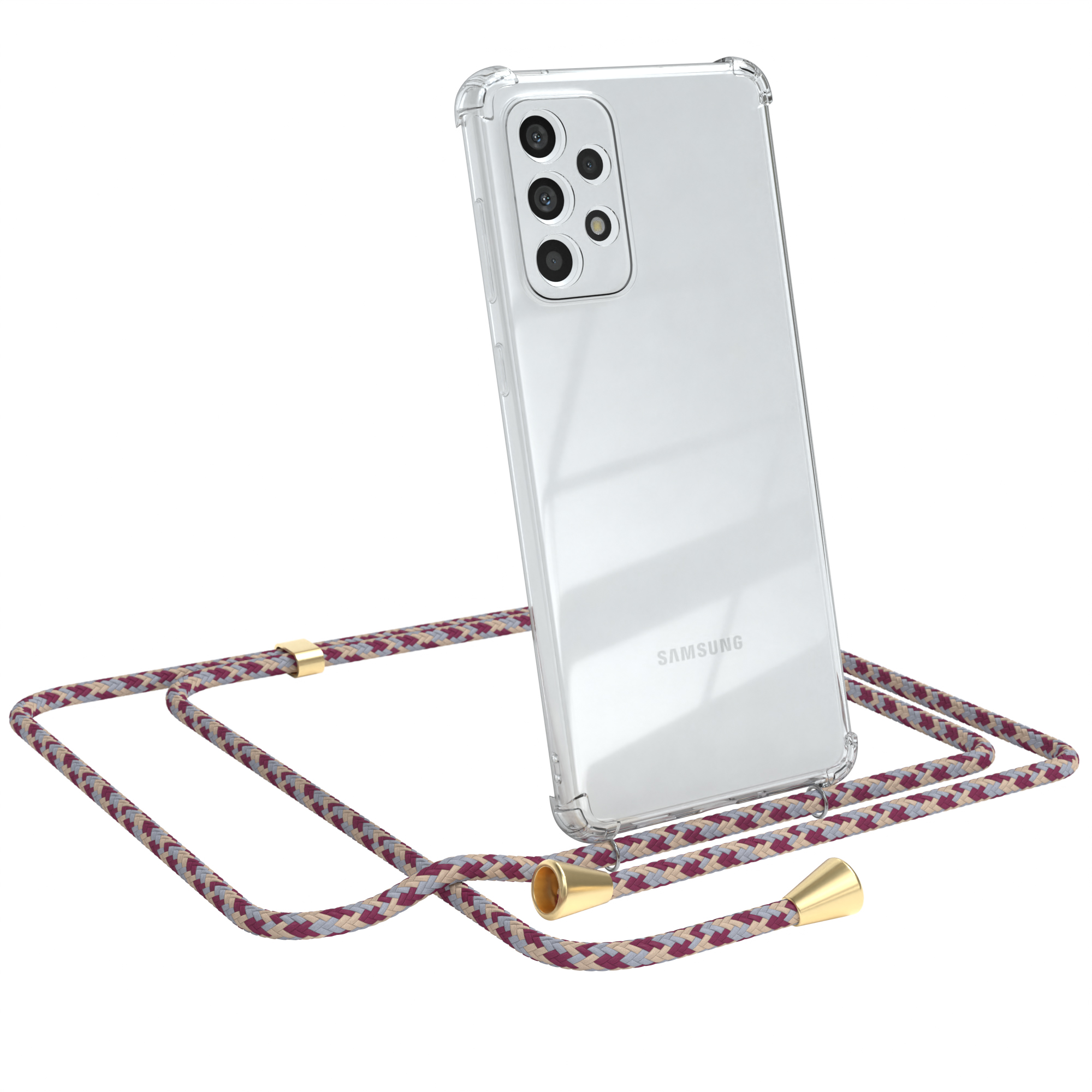Transparente Handyhülle mit pink-weißem Band. Telefon hat Rückkameras.