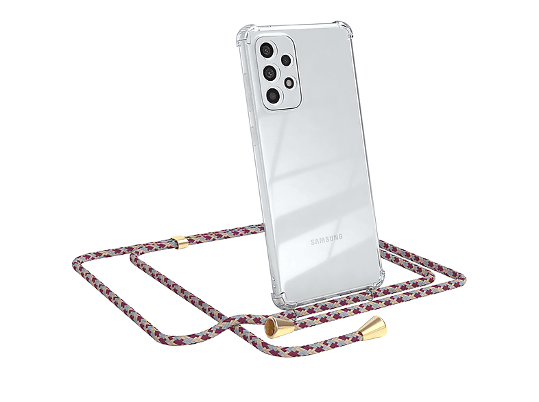 EAZY CASE Clear Cover mit Umhängeband, Umhängetasche, Samsung, Galaxy A73 5G, Rot Beige Camouflage / Clips Gold