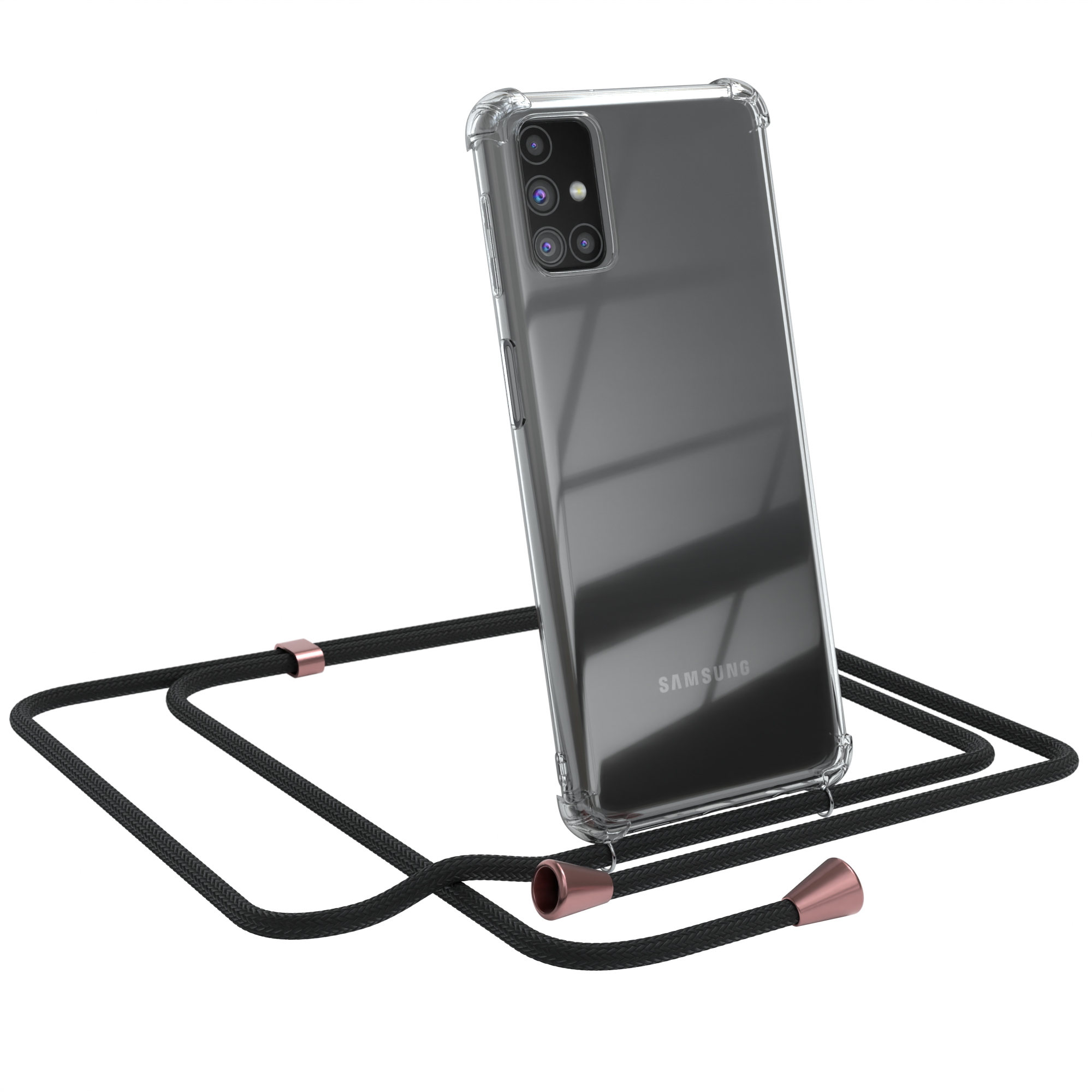 Ein Telefon in einer durchsichtigen Hülle mit schwarzem Kabel. Hintergrund ist weiß.