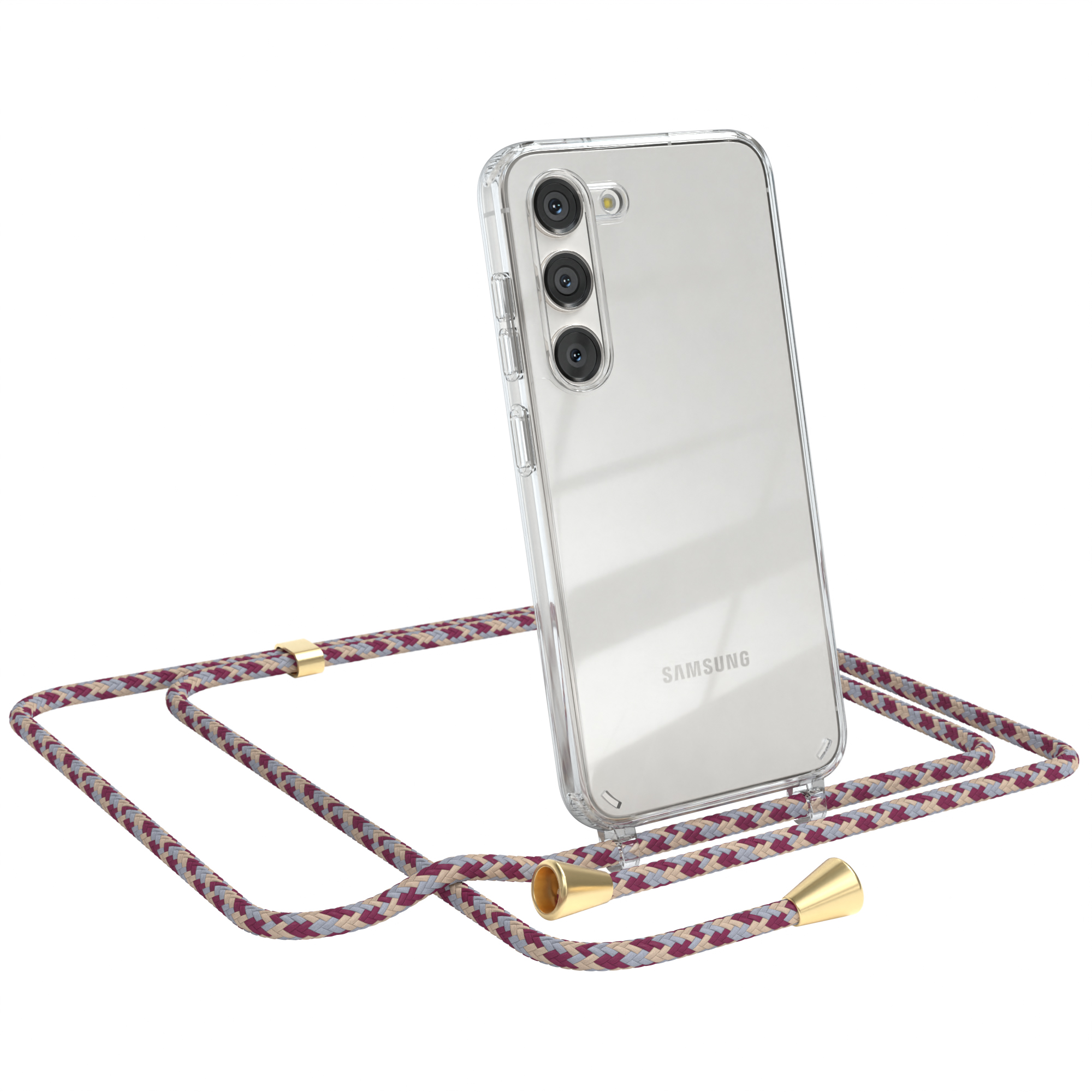 Transparente Handyhülle mit Umhängeband. Telefon hat drei Kameras, rosa/weiß/lila Band.